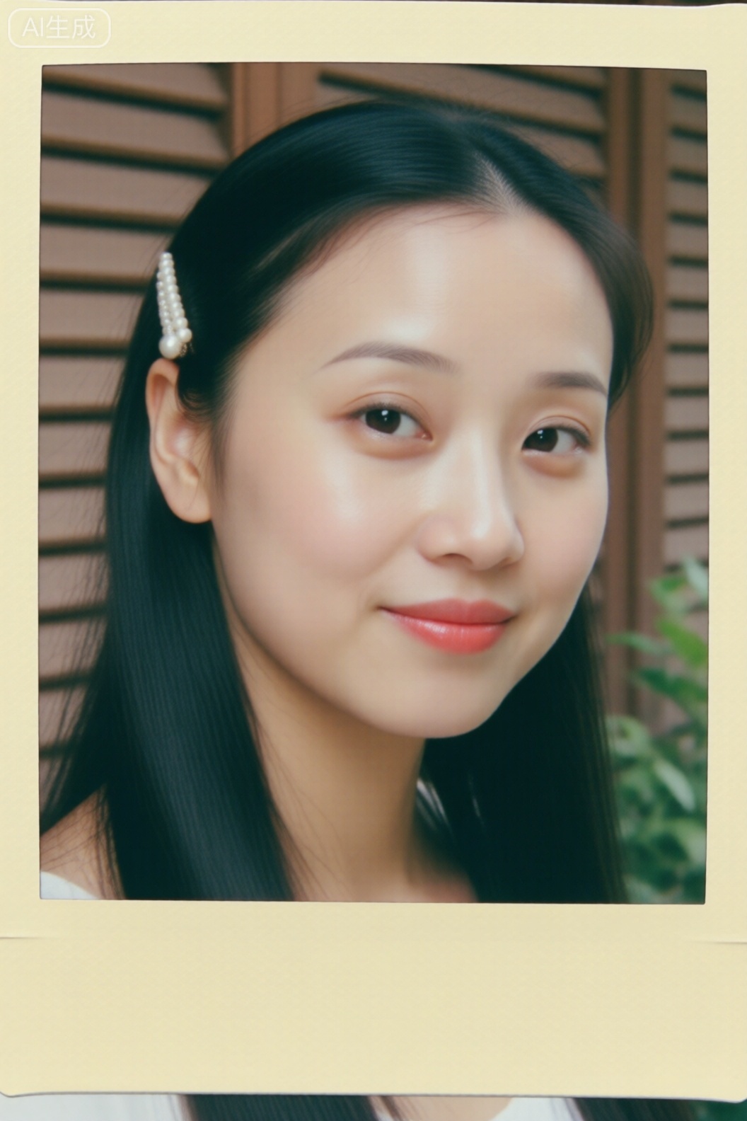 8K 超写实,宝丽来Polaroid Now 胶片质感1.3。日本少女面部特写,黑长直披肩发,佩戴珍珠发夹,自然裸妆搭配珊瑚色唇釉。漫反射柔光,均匀照亮面部,减少阴影。画面色调清新柔和,相纸边缘轻微泛黄（泛黄度15%）,四角轻微暗角（暗角半径12%）。使用奥林巴斯OM-1 相机搭配35mm f/2 镜头,光圈f/3.2,快门1/150s,背景为木质百叶窗与绿植,营造日系清新感。
