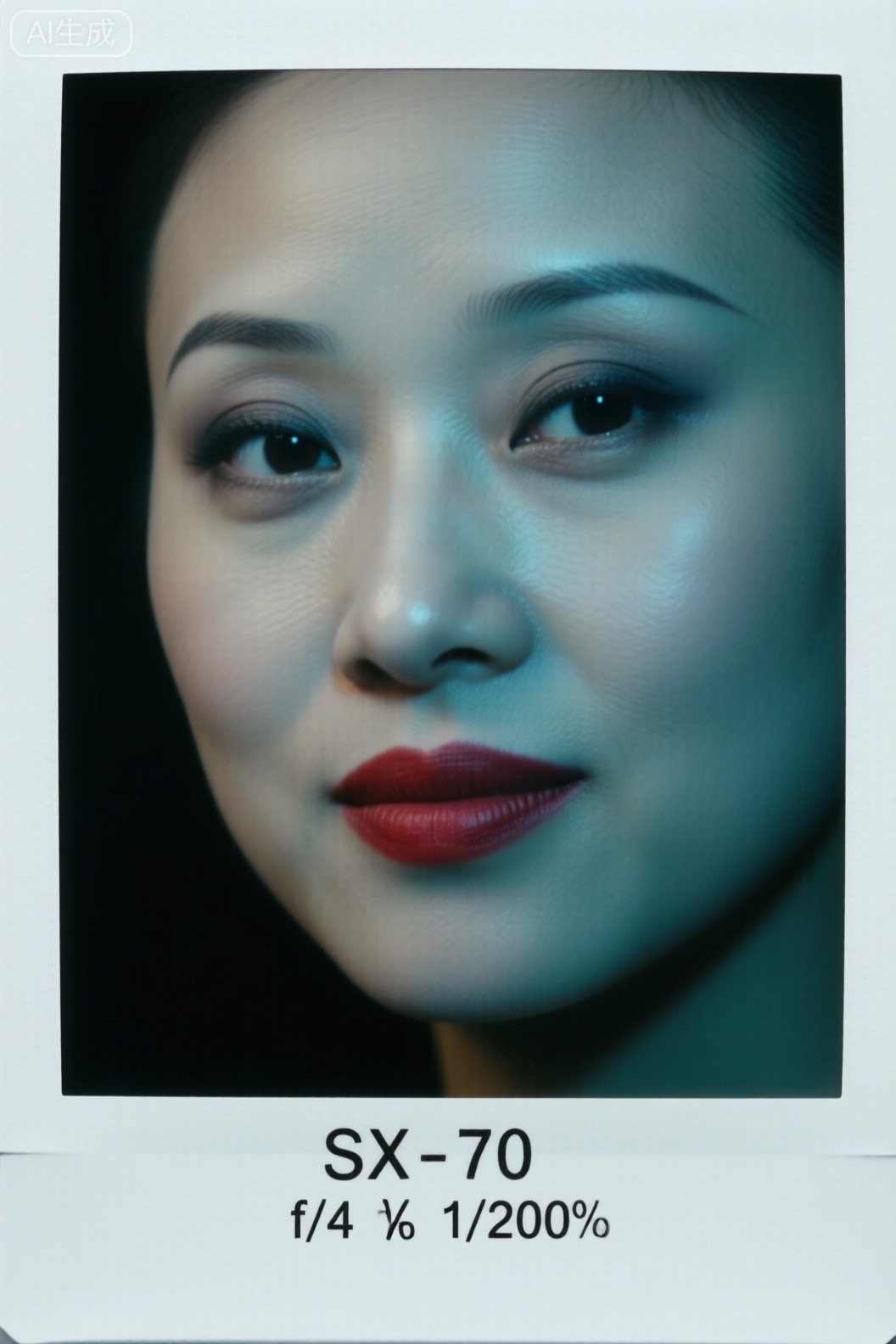 8K 超写实,宝丽来SX-70 胶片质感1.4。亚洲美女面部特写,深邃烟熏眼妆,哑光正红唇。顶光硬调照明,突出面部立体轮廓。画面带有SX-70 胶片特有的蓝绿色偏色（色温偏移-100K）,塑料镜头畸变效果（像差+12%）,相纸显影不均形成局部色块（密度0.2）。使用尼康F3 相机搭配85mm f/1.4 镜头,光圈f/4,快门1/200s,背景为纯黑绒布,强化冷艳神秘气质。
