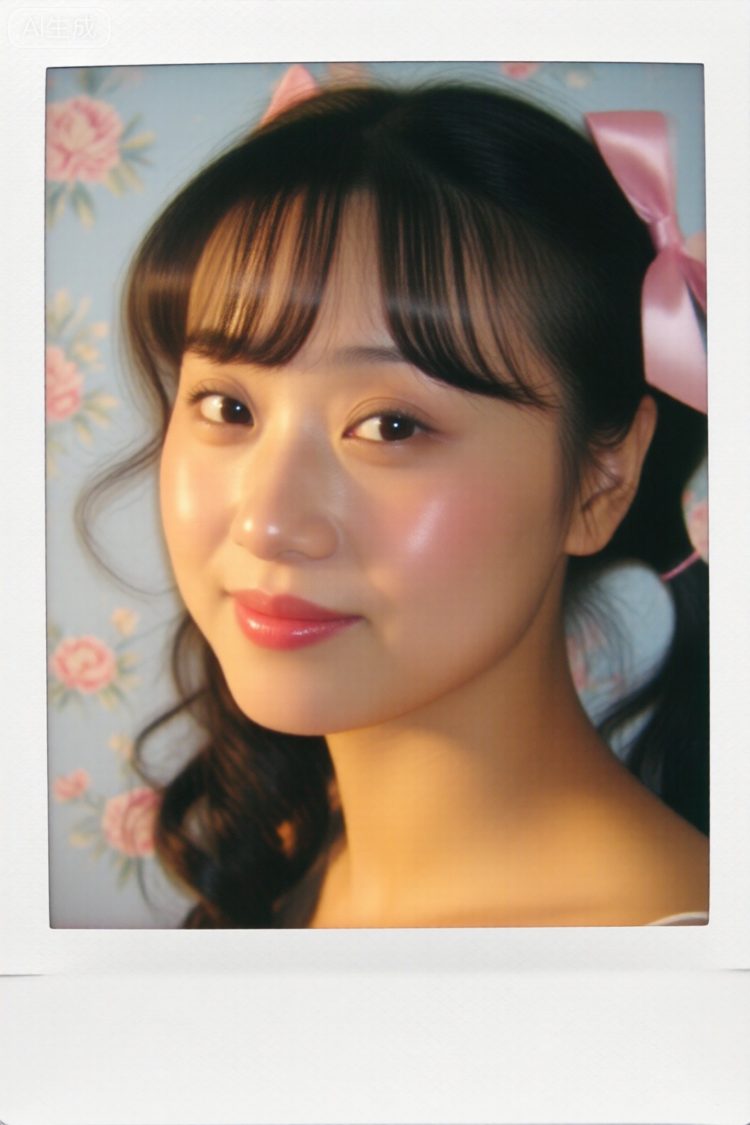 8K 超写实,宝丽来600 型胶片质感1.3。亚洲少女面部特写,齐刘海微卷双马尾,佩戴粉色蝴蝶结发饰,脸颊点缀淡淡腮红,水润粉色唇妆。左侧45° 暖光打亮面部,形成柔和阴影。面部呈现宝丽来特有的暖黄偏色,相纸边缘轻微卷曲（卷曲半径3cm）,表面分布细小划痕（密度0.15）。使用佳能AE-1 相机搭配50mm f/1.8 镜头,光圈f/2.8,快门1/125s,背景为淡蓝色碎花墙纸,营造甜美复古氛围。