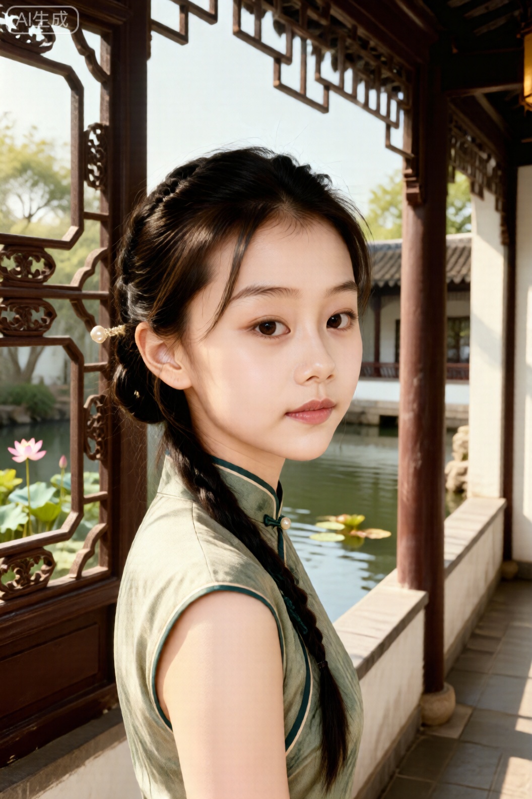 8K超写实宝丽来600型胶片质感1.3
中国美少女面部特写乌黑长发挽低发髻别珍珠发簪柳叶眉豆沙色唇妆脸颊自然红晕身处苏州拙政园水榭回廊左侧45°暖光3200K 光比1:1.2 透过雕花窗棂洒脸身后池水蜿蜒荷花摇曳面部呈宝丽来暖黄偏色相纸边缘卷曲半径3cm 表面划痕密度0.15
使用佳能AE-1相机50mm f/1.8镜头光圈f/2.8 快门1/125s 定格古典温婉气质