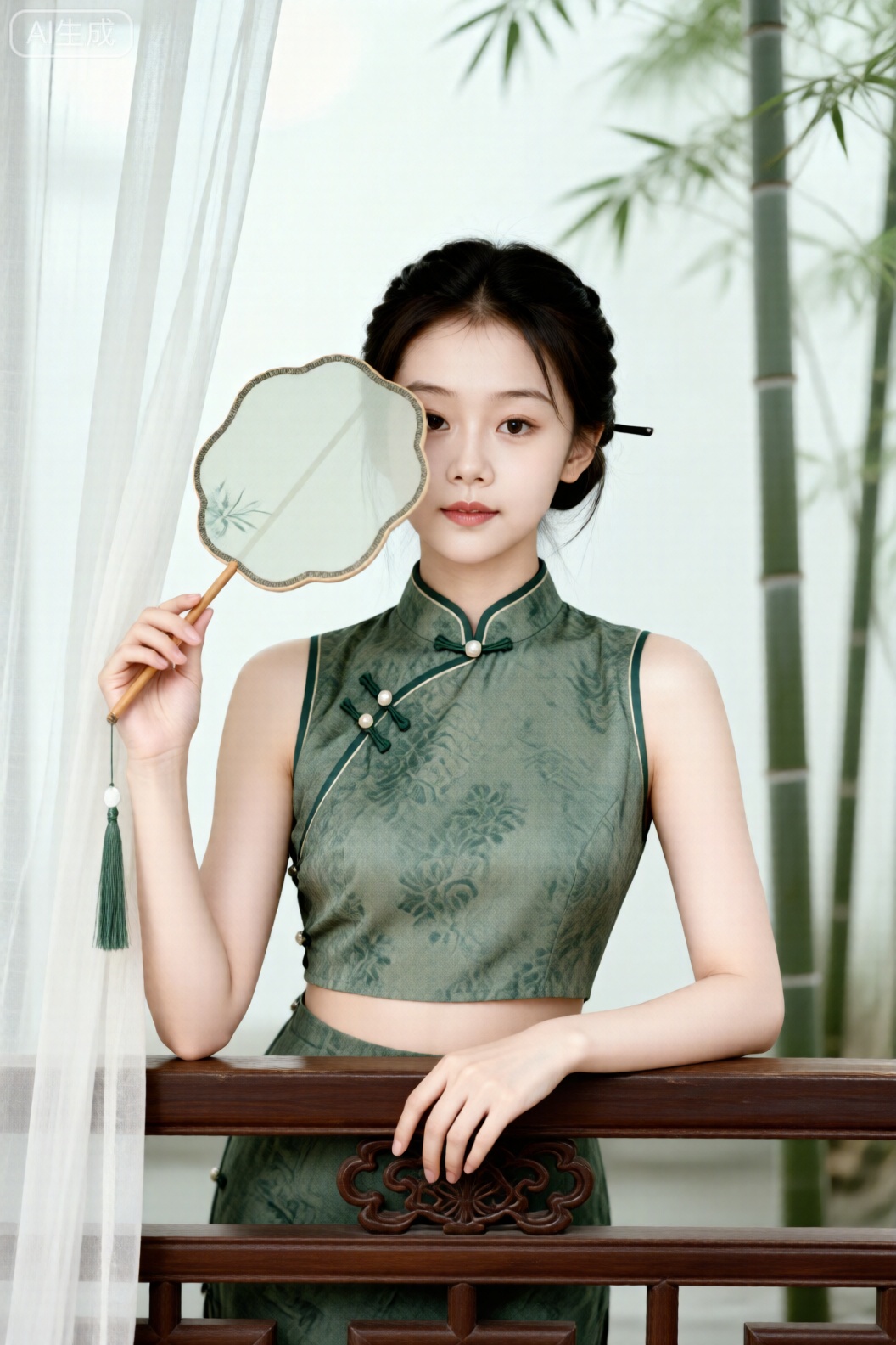 穿交领短款汉服背心少女,正面倚雕花木栏,左手持团扇半遮面。富士GFX 50S相机,110mm f/2镜头,漫射光透过纱帘,RAW保留提花锦缎纹理与珍珠盘扣细节,背景留白或虚化竹林——风格新中式,光比1:1.5。**  