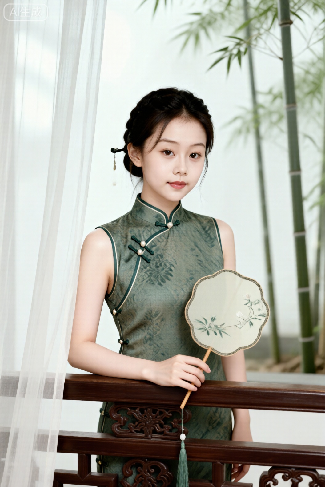 穿交领短款汉服背心少女,正面倚雕花木栏,左手持团扇半遮面。富士GFX 50S相机,110mm f/2镜头,漫射光透过纱帘,RAW保留提花锦缎纹理与珍珠盘扣细节,背景留白或虚化竹林——风格新中式,光比1:1.5。**  