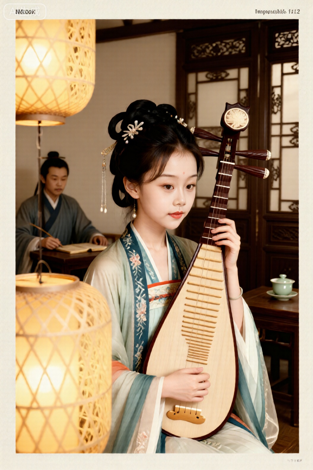 8K 超写实,宝丽来Impossible Project 胶片质感1.2。中国美少女面部特写,发髻盘成祥云造型,点缀珍珠流苏,眼妆晕染黛青色,珊瑚色唇妆。在苏州评弹茶楼内,暖黄光3000K,透过竹编灯笼洒下,照亮她怀抱琵琶轻拨琴弦的侧脸,背景可见身着长衫的说书人及雕花屏风。画面呈现胶片显影不均的暖色块,相纸表面添加竖条纹理（密度0.1）模拟宣纸质感。使用尼康F3 相机搭配85mm f/1.4 镜头,光圈f/3.5,快门1/125s,展现传统曲艺的雅致韵味。