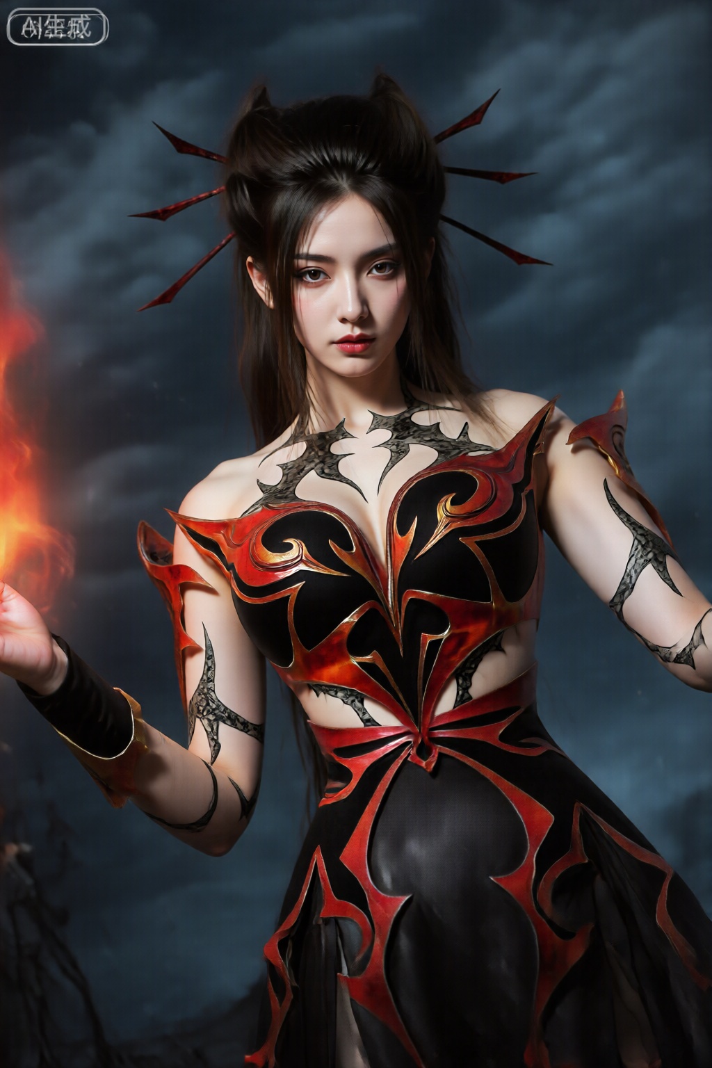 一个长长的深色头发的女人穿着合身,黑色和红色的服装,带有复杂的火焰状图案。她的头发在高高的马尾辫中造型,上面有几种红色,尖峰状的延伸,从顶部伸出。她的红色唇膏黑暗,戏剧性的化妆。服装具有金属金色的装饰和手臂护卫。她的手臂伸开,一只手拿着发光的红色火焰。背景是一个黑暗的多云的天空,带有微弱的蓝色色调,营造出戏剧性而强烈的氛围。,焰灵姬