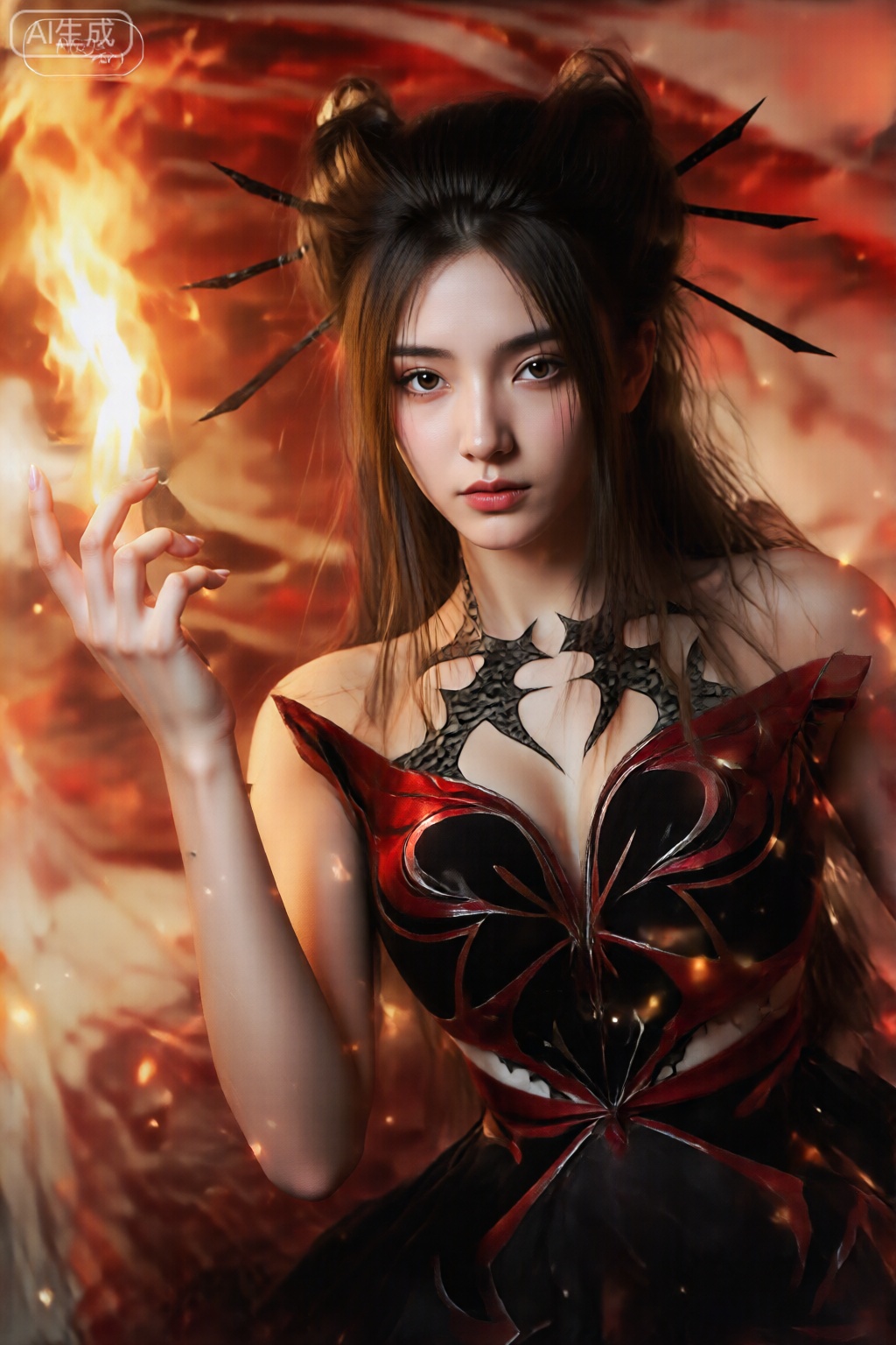 一个年轻的女性,棕色的头发长长,棕色头发,带有两个高发bun头,上面装饰着黑色发夹。
当她直接凝视观众时,她的表情很平静,略微激烈。她穿着醒目的服装：一件黑色和红色连衣裙,带有白色饰边,以及在礼服前面的大型,复杂的蝴蝶设计。
 她用右手握着一个小而明亮的火焰,似乎从指尖散发出来。背景是红色和橙色色调的动态混合物,具有旋转的图案和发光的颗粒,增强了场景的神奇而强大的气氛。整体构图暗示着一种幻想和力量的感觉,火焰和蝴蝶图案增加了神秘的氛围。