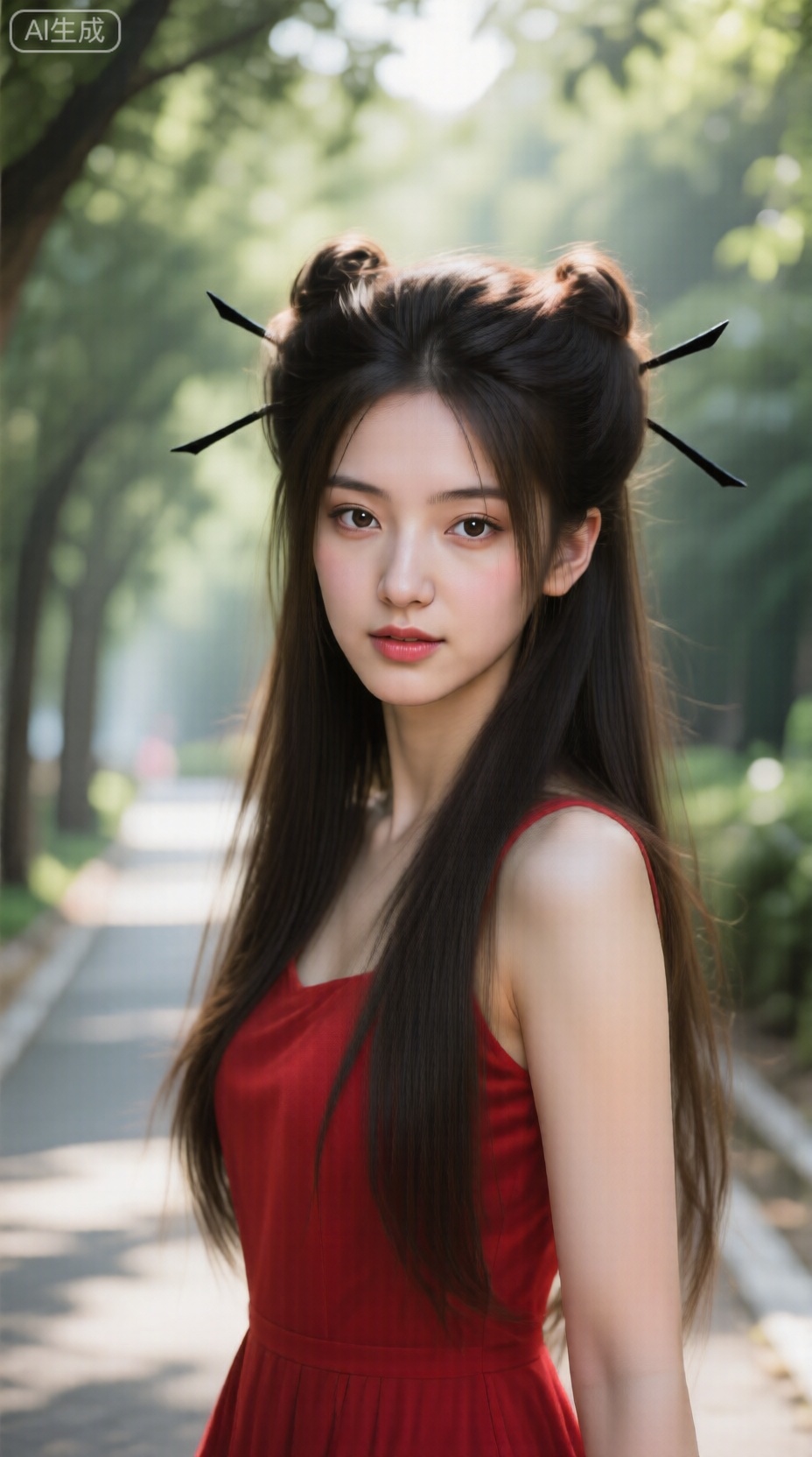  ,真人摄影,一位清纯的初恋学妹女友,在清晨的林荫道上,阳光透过树叶形成斑驳的光影,洒在她柔顺的长发和白皙的脸庞上,她穿着红色连衣裙,眼神清澈充满活力,背景是模糊的绿色植物,突出人物主体,精致的壁纸风格, ,细节锐利,皮肤纹理细腻,发丝分明,
镜头参数： Canon EOS R5,RF 85mm f/1.2L,光圈f/1.8,快门1/500s,ISO 100,焰灵姬,头发长长带有两个高发bun头上面装饰着黑色发夹,