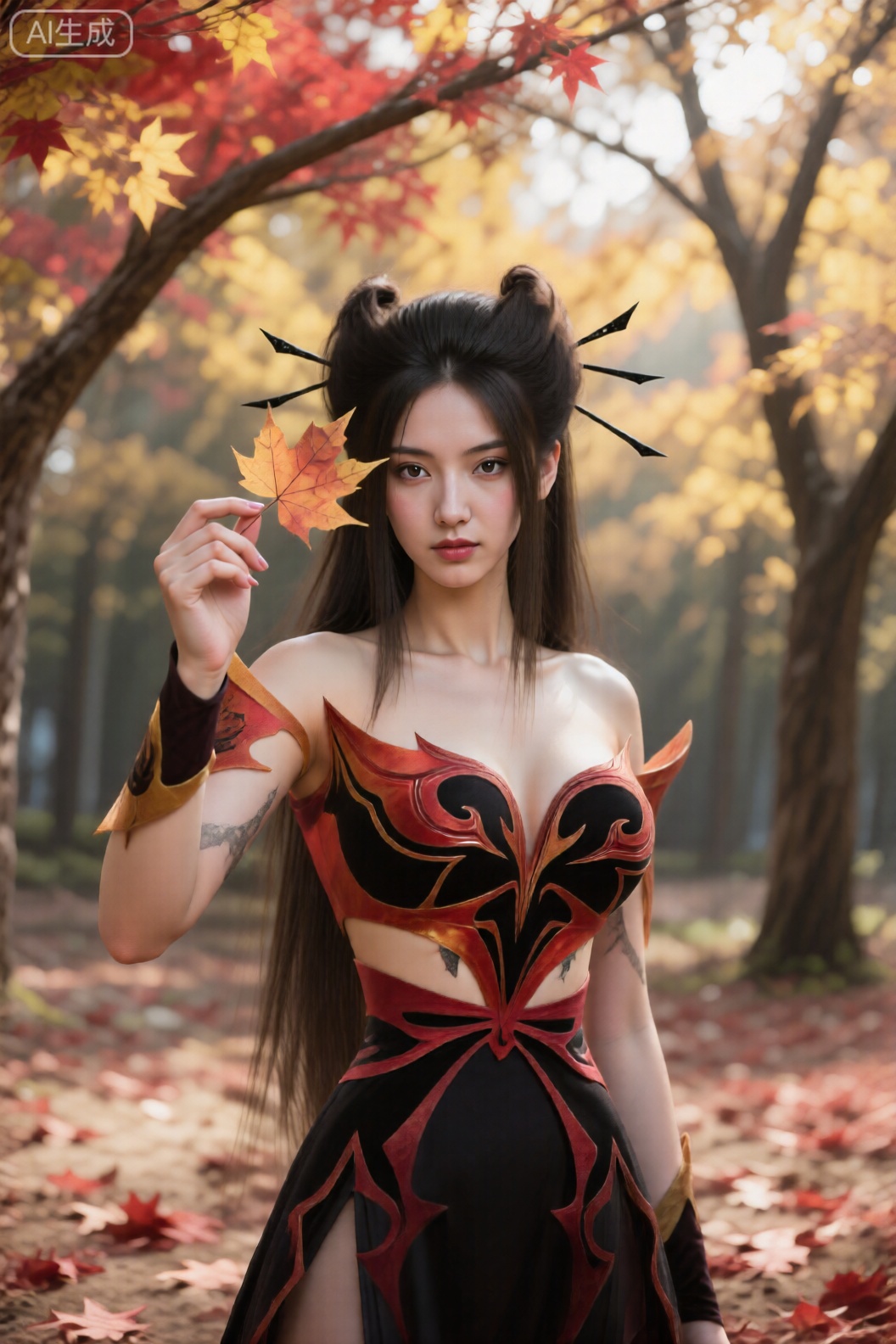  
真实摄影照片,极具视觉冲击力的精致壁纸风,细节详细,完美形象（清新气质,眼神纯净像小鹿）,完美身材（身形轻盈,腰线明显）,镜头参数：Nikon Z6 II,70-200mm f/2.8 镜头（焦距100mm）,ISO 200,快门速度1/250s,防抖模式开启；场景：秋日枫树林,地面铺浅红落叶,,手捡一片枫叶举在眼前,背景是红黄相间的枫树枝桠（阳光透过枝叶形成光斑）,构图为全身中景,画面带森系朦胧感。,焰灵姬,头发长长带有两个高发bun头上面装饰着黑色发夹