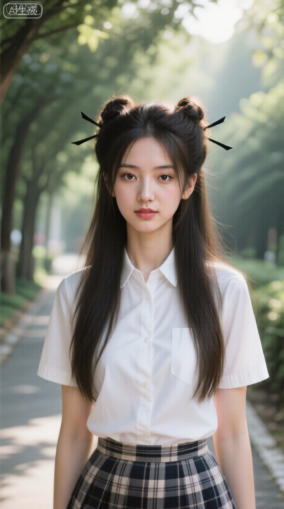  ,真人摄影,一位清纯的初恋学妹女友,在清晨的林荫道上,阳光透过树叶形成斑驳的光影,洒在她柔顺的长发和白皙的脸庞上,她穿着干净的白色衬衫和格纹短裙,眼神清澈充满活力,背景是模糊的绿色植物,突出人物主体,精致的壁纸风格, ,细节锐利,皮肤纹理细腻,发丝分明,
镜头参数： Canon EOS R5,RF 85mm f/1.2L,光圈f/1.8,快门1/500s,ISO 100,焰灵姬,头发长长带有两个高发bun头上面装饰着黑色发夹