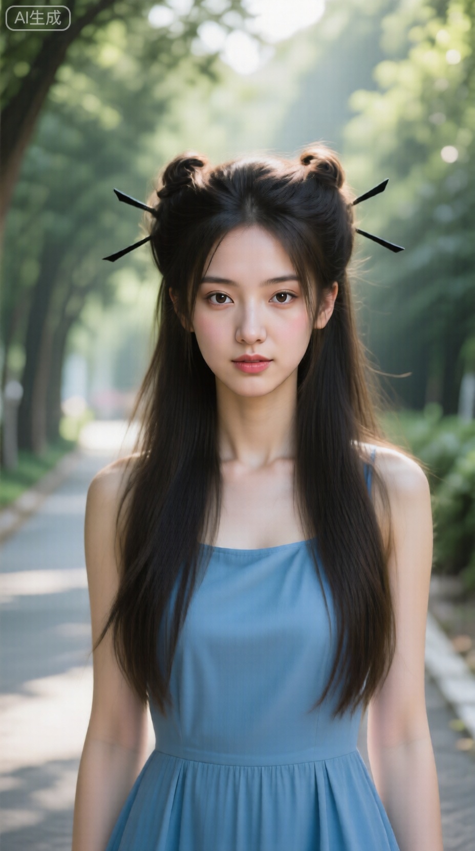  ,真人摄影,一位清纯的初恋学妹女友,在清晨的林荫道上,阳光透过树叶形成斑驳的光影,洒在她柔顺的长发和白皙的脸庞上,她穿着干蓝色连衣裙,眼神清澈充满活力,背景是模糊的绿色植物,突出人物主体,精致的壁纸风格, ,细节锐利,皮肤纹理细腻,发丝分明,
镜头参数： Canon EOS R5,RF 85mm f/1.2L,光圈f/1.8,快门1/500s,ISO 100,焰灵姬,头发长长带有两个高发bun头上面装饰着黑色发夹,