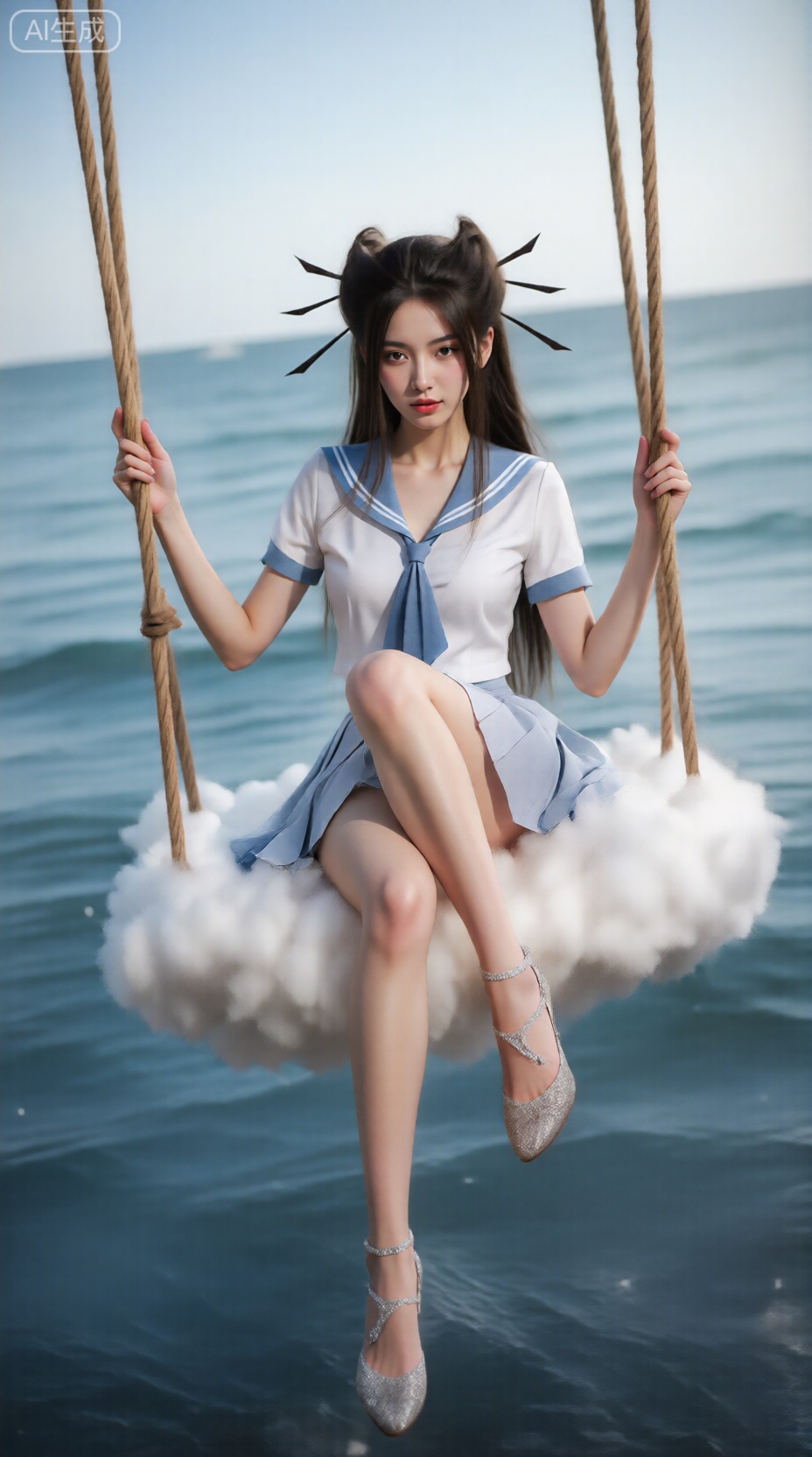 图像中,一位年轻女子坐在由蓬松的白云组成的秋千上,秋千悬浮在一片波浪柔和的海洋上。她穿着浅蓝色和白色水手风格的服装：蓝色领子的短袖上衣,搭配配套的领带,搭配百褶裙。,。她双腿交叉,穿着闪亮的银色钻石高跟鞋,上面有华丽的装饰细节。背景展示了清澈的蓝天和平静的青色海水,阳光从水面反射。秋千由粗大的棕色绳子固定,整体场景明亮,强调服装、云彩和自然环境的鲜艳色彩。,焰灵姬,头发长长带有两个高发bun头上面装饰着黑色发夹