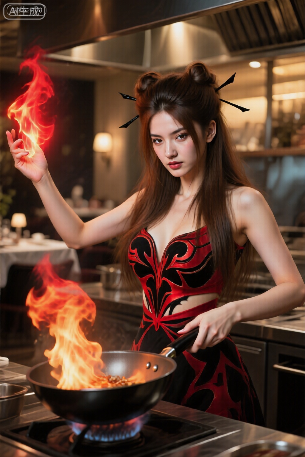一个年轻的女性,棕色的头发长长,棕色头发,带有两个高发bun头,上面装饰着黑色发夹。
,黑色和红色的服装,带有复杂的火焰状图案。她的手臂伸开,一只手拿着发光的红色火焰。
动态捕捉,一位飒爽的美女主厨在高端餐厅的开放式厨房里。正在颠锅,锅中有火焰升起。她眼神锐利,表情专注而自信。背景是虚化的暖色灯光和餐厅环境,充满能量与激情。（镜头参数：索尼FE 24-70mm f/2.8 GM, 焦距50mm, f/2.8, 1/800s, ISO 1000）
