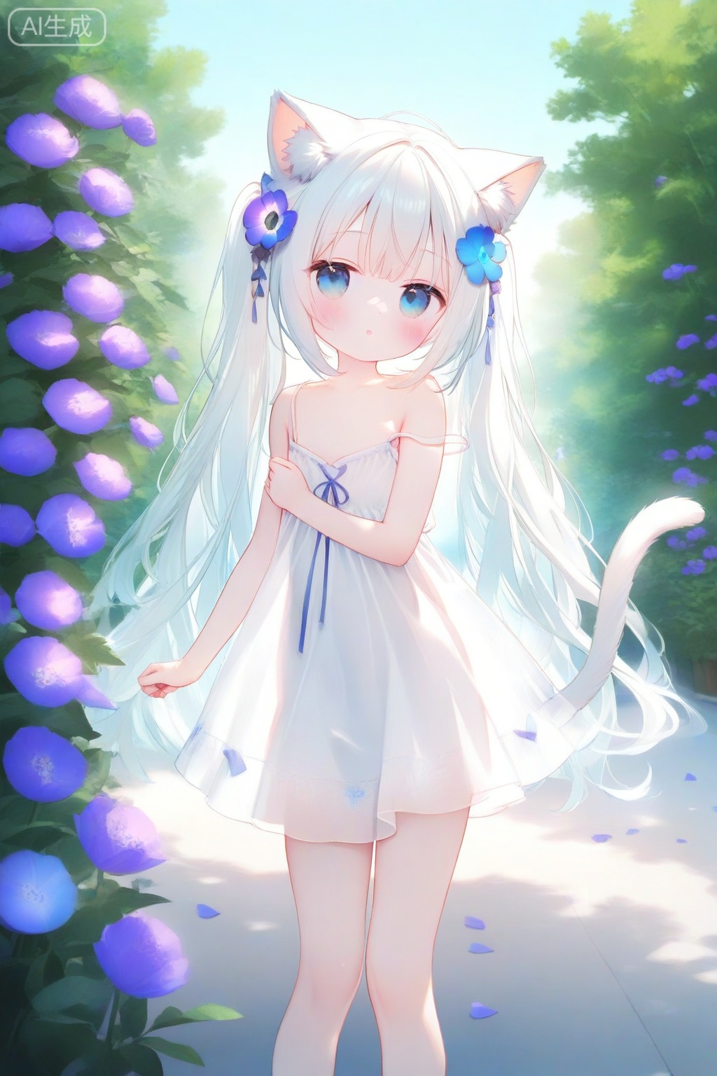 1girl, solo, animal ears, tail, dress, long hair, blue eyes, twintails, cat tail, cat ears, white hair, very long hair, cat girl, strap slip, flower, white dress, purple flower, bangs, looking at viewer, sky, parted lips, sleeveless dress, blush, outdoors, petals, sleeveless, see-through, animal ear fluff, bare shoulders, bare arms, bow, see-through silhouette, day, hair ornament, standing, blue sky, feet out of frame

