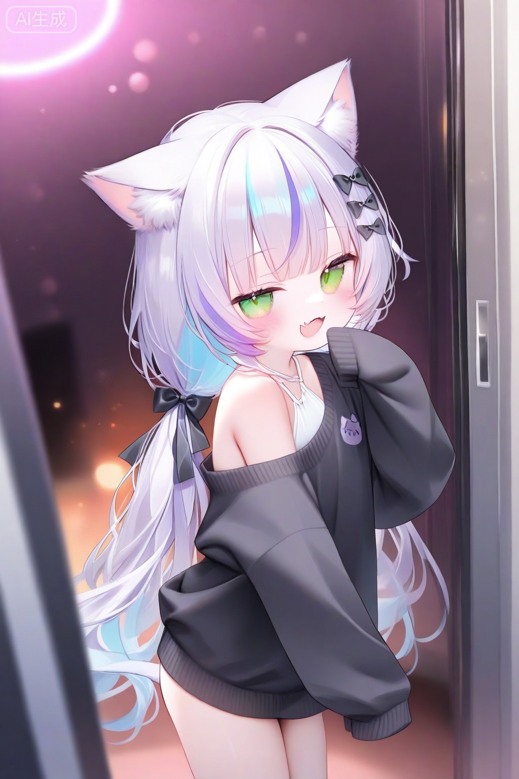 1girl, :d, animal ears, black sweater, bow, cat ears, cat girl, fang, hair bow, heterochromia, long hair, long sleeves, looking at viewer, low twintails, mesugaki, multicolored hair, no pants, off shoulder, open mouth, oversized clothes,  blue hair, green eyes, purple hair, skin fang, sleeves past fingers, sleeves past wrists, smile, smug, streaked hair, sweater, twintails, very long hair, virtual youtuber