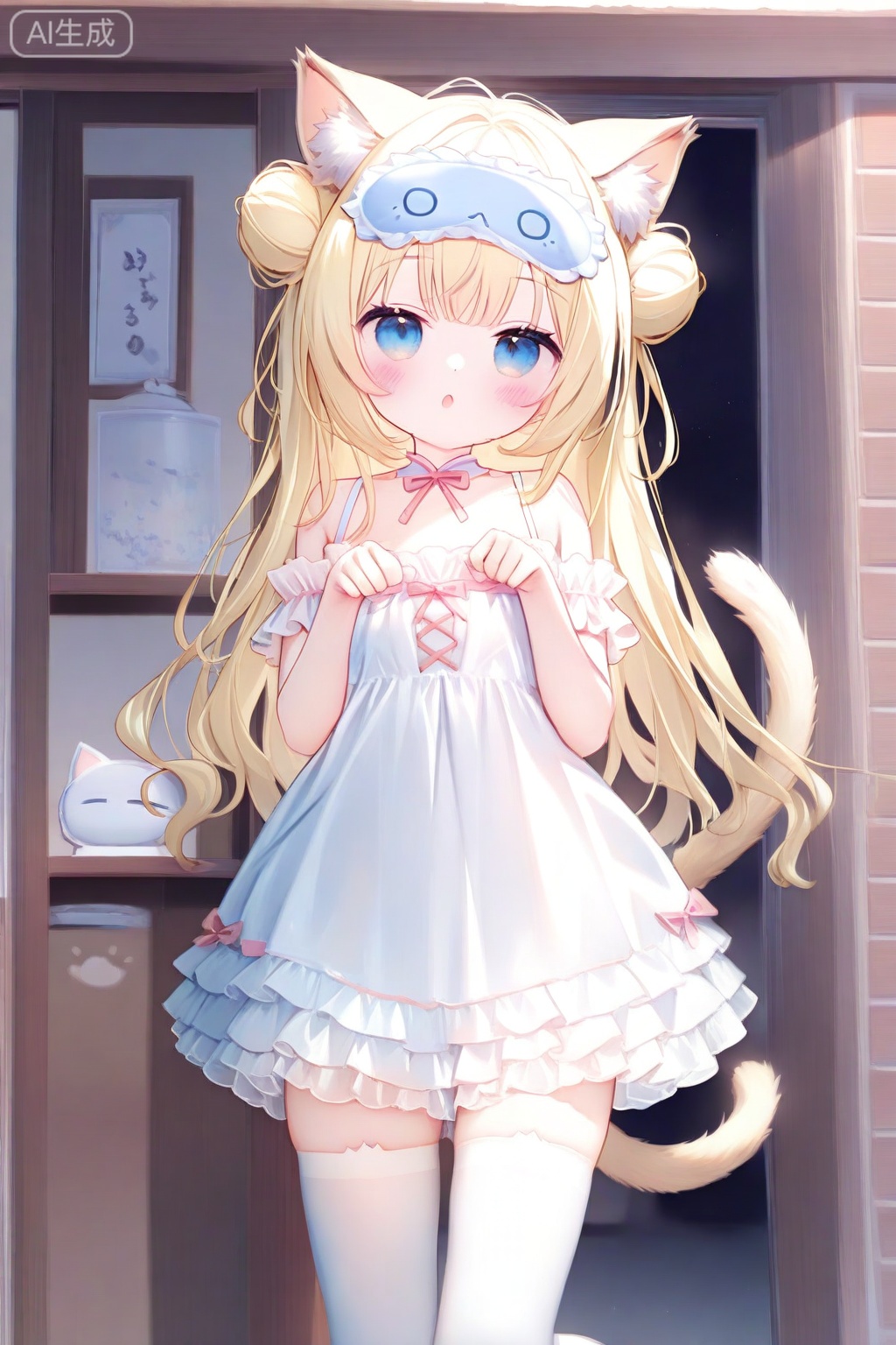 1girl, :o, animal ear fluff, animal ears, bare shoulders, blonde hair, blue eyes, blush, cat ears, cat girl, cat tail, double bun, dress, frilled dress, frills, hair bun, long hair, looking at viewer, open mouth, paw pose, sleep mask, solo, tail, thighhighs, white thighhighs