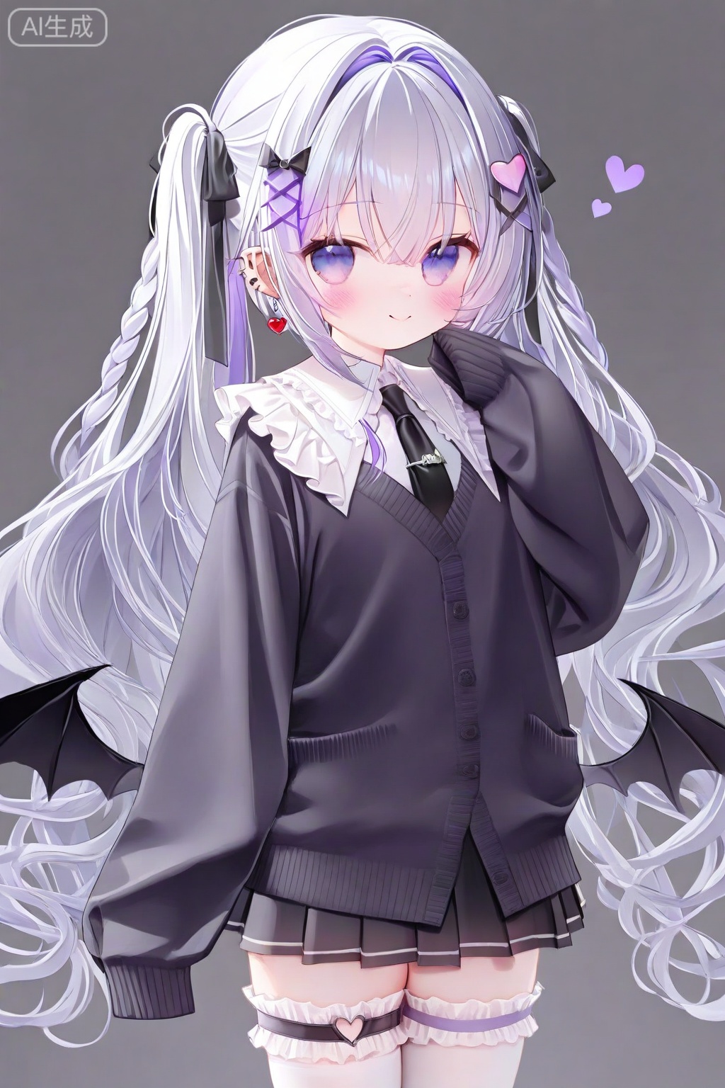 1girl, sleeves past wrists, solo, twintails, necktie, wings, frills, purple eyes, skirt, long hair, pleated skirt, x hair ornament, hair ornament, black necktie, sleeves past fingers, shirt, thighhighs, white shirt, white thighhighs, looking at viewer, hairclip, black skirt, low wings, grey background, heart o-ring, long sleeves, collared shirt, frilled shirt, hair ribbon, closed mouth, cardigan, black wings, center frills, frilled shirt collar, frilled thighhighs, demon wings, smile, black ribbon, ribbon, blush, ear piercing, grey hair, very long hair, black cardigan, thigh strap, two-tone background, piercing, earrings, simple background, jewelry, jacket, white background, bat wings, black jacket, heart, standing, school uniform, braid, hair between eyes, cowboy shot, hair intakes, purple hair, hair bow, bow, hand up, twitter username, puffy sleeves, dress shirt, white border

