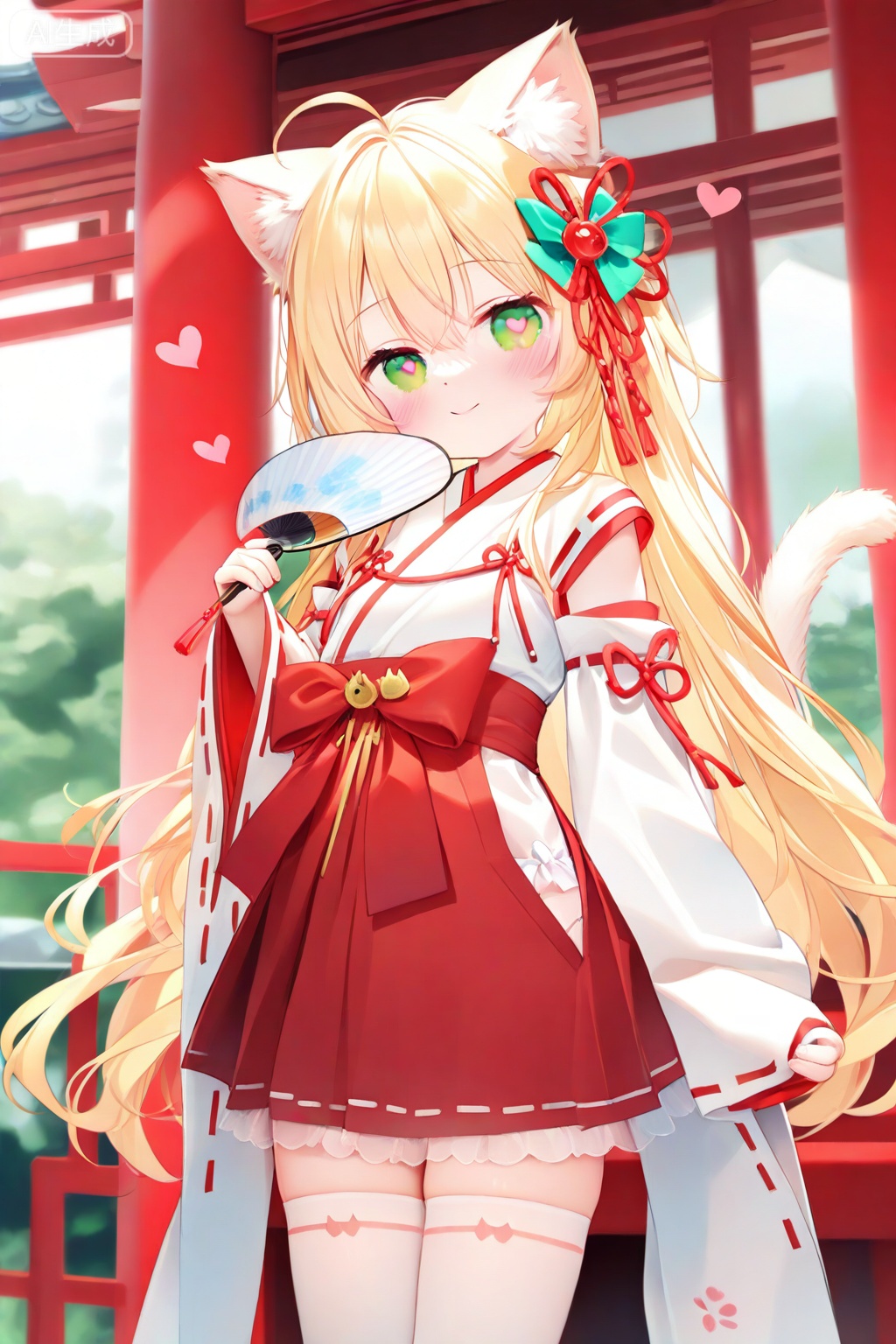 1girl, ahoge, animal ear fluff, animal ears, blonde hair, blush, bow, cat ears, cat girl, cat tail, closed mouth, cowboy shot, detached sleeves, folding fan, green eyes, hair between eyes, hair ornament, hakama, hakama skirt, hand fan, head tilt, heart, heart-shaped pupils, holding, holding fan, japanese clothes, long hair, long sleeves, looking at viewer, red skirt, ribbon-trimmed sleeves, ribbon trim, skirt, sleeves past wrists, smile, solo, symbol-shaped pupils, tail, thighhighs, very long hair, white background, white sleeves, white thighhighs, wide sleeves, zoom layer

