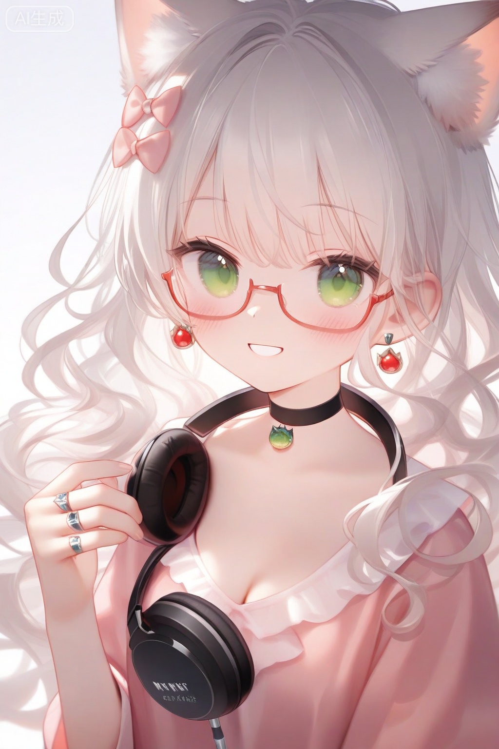 1girl, animal ears, black choker, blush, bow, breasts, cat ears, cat girl, choker, cleavage, curly hair, earrings, glasses, green eyes, hair bow, headphones, headphones around neck, jewelry, long hair, messy hair, pink shirt, ring, semi-rimless eyewear, shirt, simple background, small breasts, smile, solo, upper body, wavy hair, white background, white hair