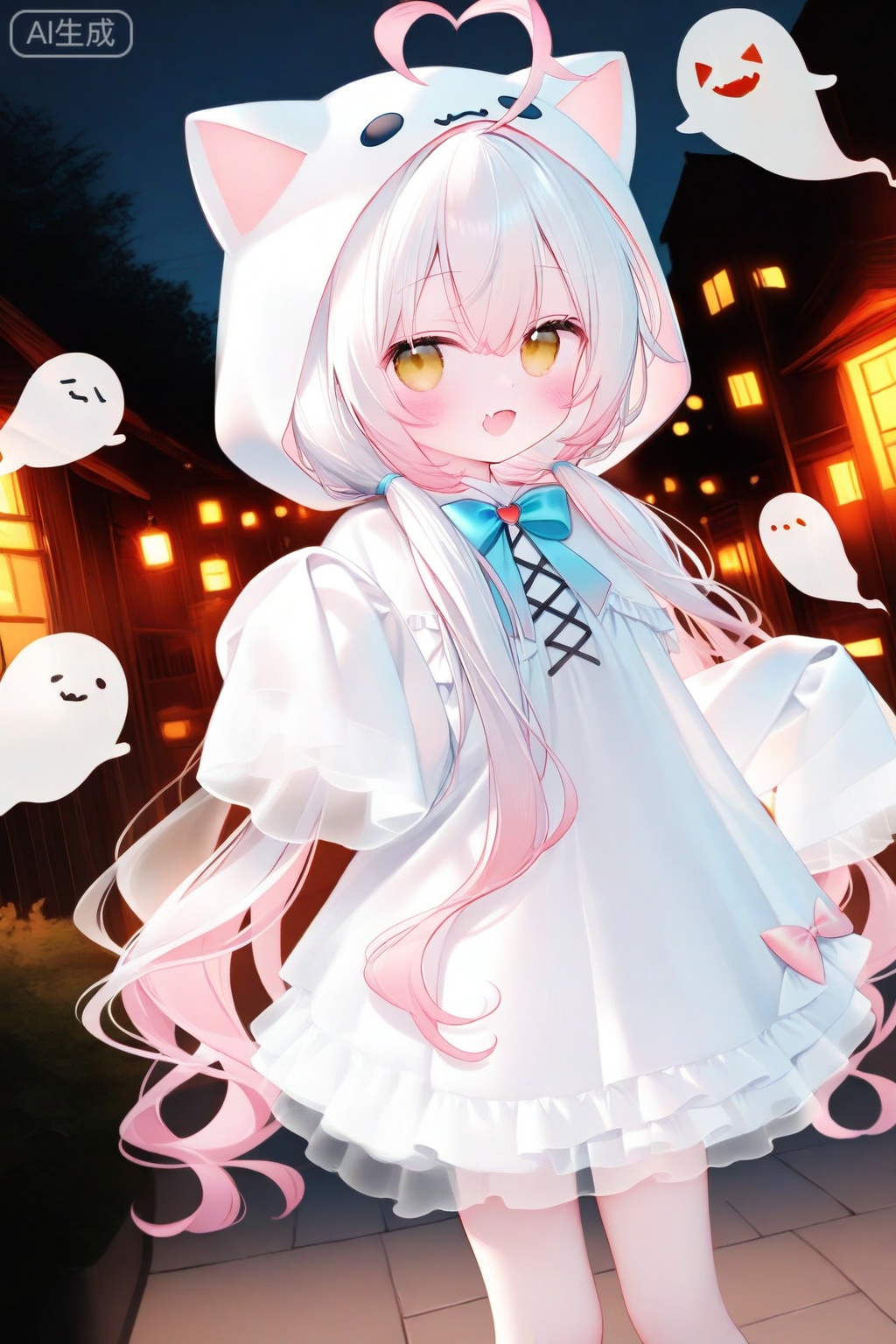 1girl,heart ahoge,dress,long hair,fang,ghost,sleeves past wrists,hood,yellow eyes,twintails,looking at viewer,sleeves past fingers,solo,white dress,low twintails,blue bow,ghost costume,frilled dress,frills,bow,ahoge,open mouth,night,skin fang,white hair,blush,long sleeves,pink hair,outdoors,very long hair,smile,blue bowtie,hair between eyes,sky,animal hood,night sky,


