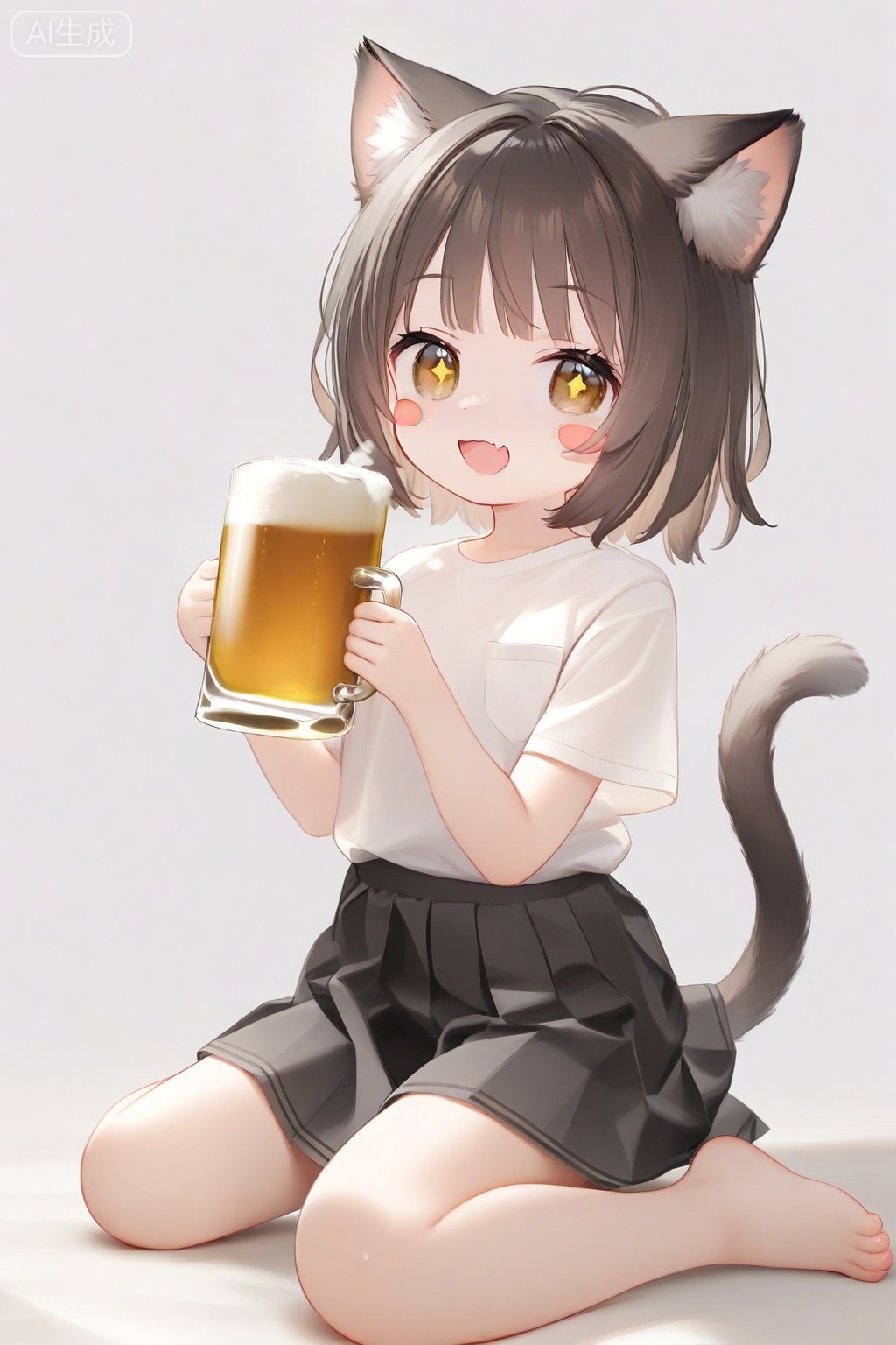 + +, 1girl, :d, alcohol, animal ear fluff, animal ears, barefoot, beer, beer mug, black skirt, blush stickers, brown eyes, brown hair, cat ears, cat girl, cat tail, cup, fang, full body, holding, holding cup, looking at viewer, mug, open mouth, pleated skirt, shirt, short hair, short sleeves, simple background, sitting, skin fang, skirt, smile, solo, tail, wariza, white background, white shirt