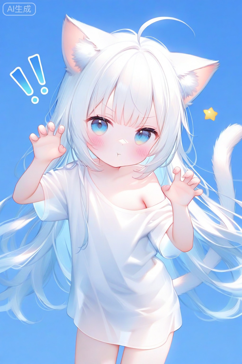 loli, 1girl, solo, long hair, looking at viewer, blush, bangs, blue eyes, simple background, shirt, animal ears, very long hair, closed mouth, tail, white shirt, ahoge, white hair, short sleeves, cat ears, off shoulder, star \(symbol\), v-shaped eyebrows, cat tail, animal ear fluff, hands up, blue background, cat girl, !, :t, pout, claw pose, !!, oversized shirt

