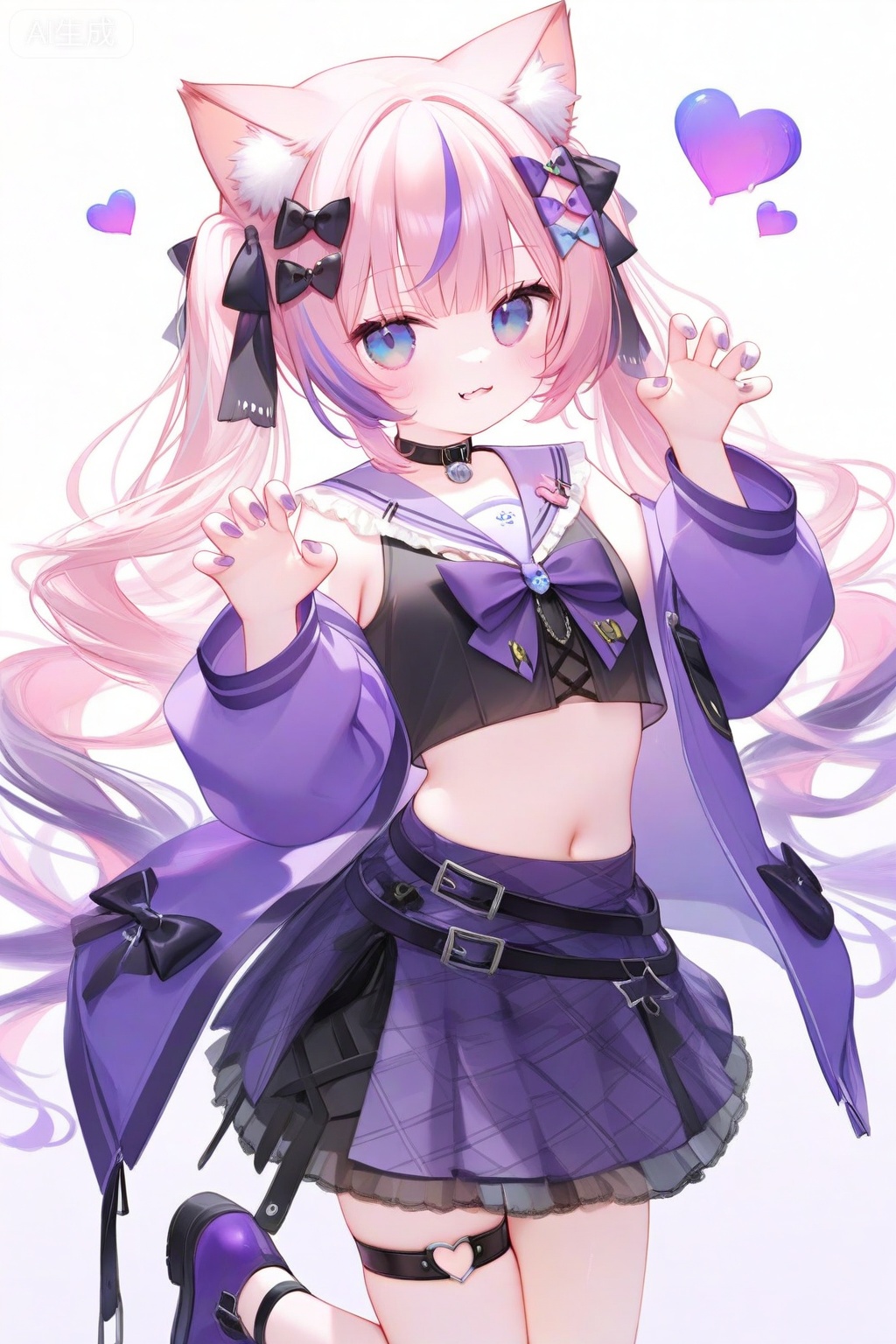 1girl, animal ear fluff, animal ears, belt, bow, cat ears, cat girl, claw pose, crop top, hair bow, hair ornament, heart, jacket, long hair, looking at viewer, multicolored hair, pink hair, purple eyes, purple hair, purple jacket, purple nails, purple skirt, sailor collar, simple background, skirt, smile, solo, streaked hair, thigh strap, twintails, virtual youtuber, white background