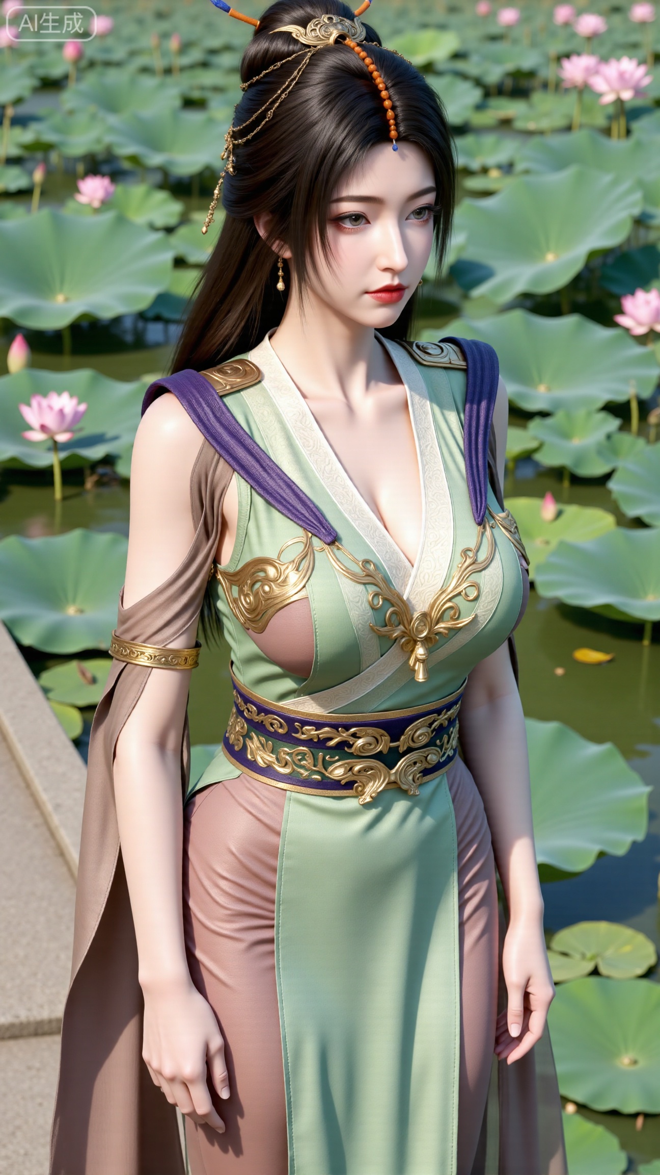  (masterpiece, best quality:1.2),1girl, navel, solo, midriff, bare shoulders, hair ornament,(long hair),(High double ponytail:1.19), red lips, BREAK, (looking at viewer:1.39), chinese clothes,(Holographic Color long dress:1.36), (lace,Rainbow Gradient Color:1.28), BREAK,blurry, solo focus, long hair, lips, daytime, lipstick, outdoors, standing,upper body,(huge breasts:2.89), background, solo, makeup,(Stockings, high heels:1.29),(huge breasts:2.99),(full breasts:2.99),,(Background with lotus pond and pink lotus flowers:1.39),XbaifengsongyuYH,Xbigbreasts,XxinruyinX,XxinruyinXM,XhnayunzhiXYH,XhanyunzhiXY,XliuyuYH,Xchenqiaoqian,Xchenshijie