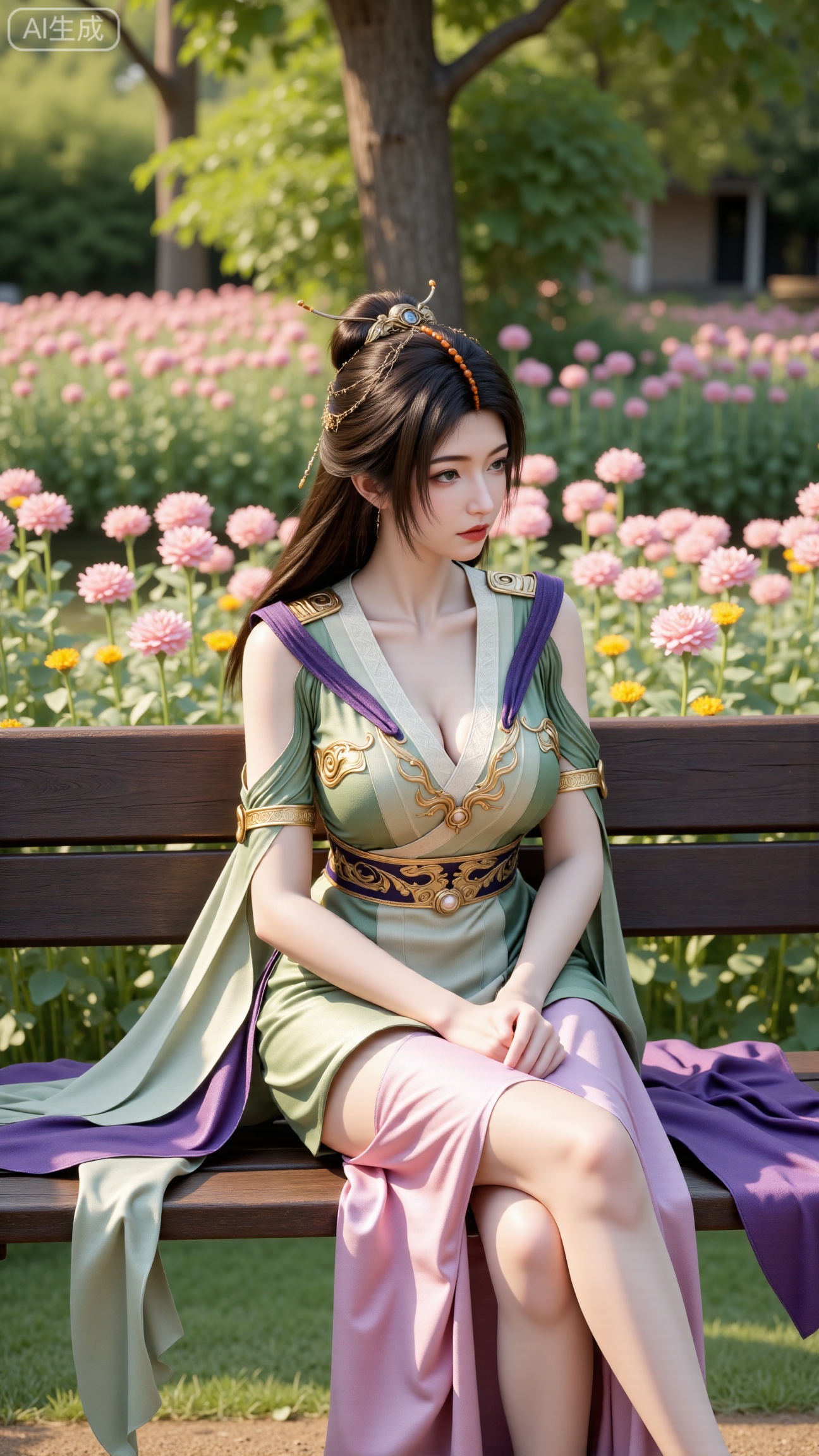 A beauty ,  (dress). Leaning on a garden bench filled with flowers,  .Sunlight filters through the leaves onto her face on...