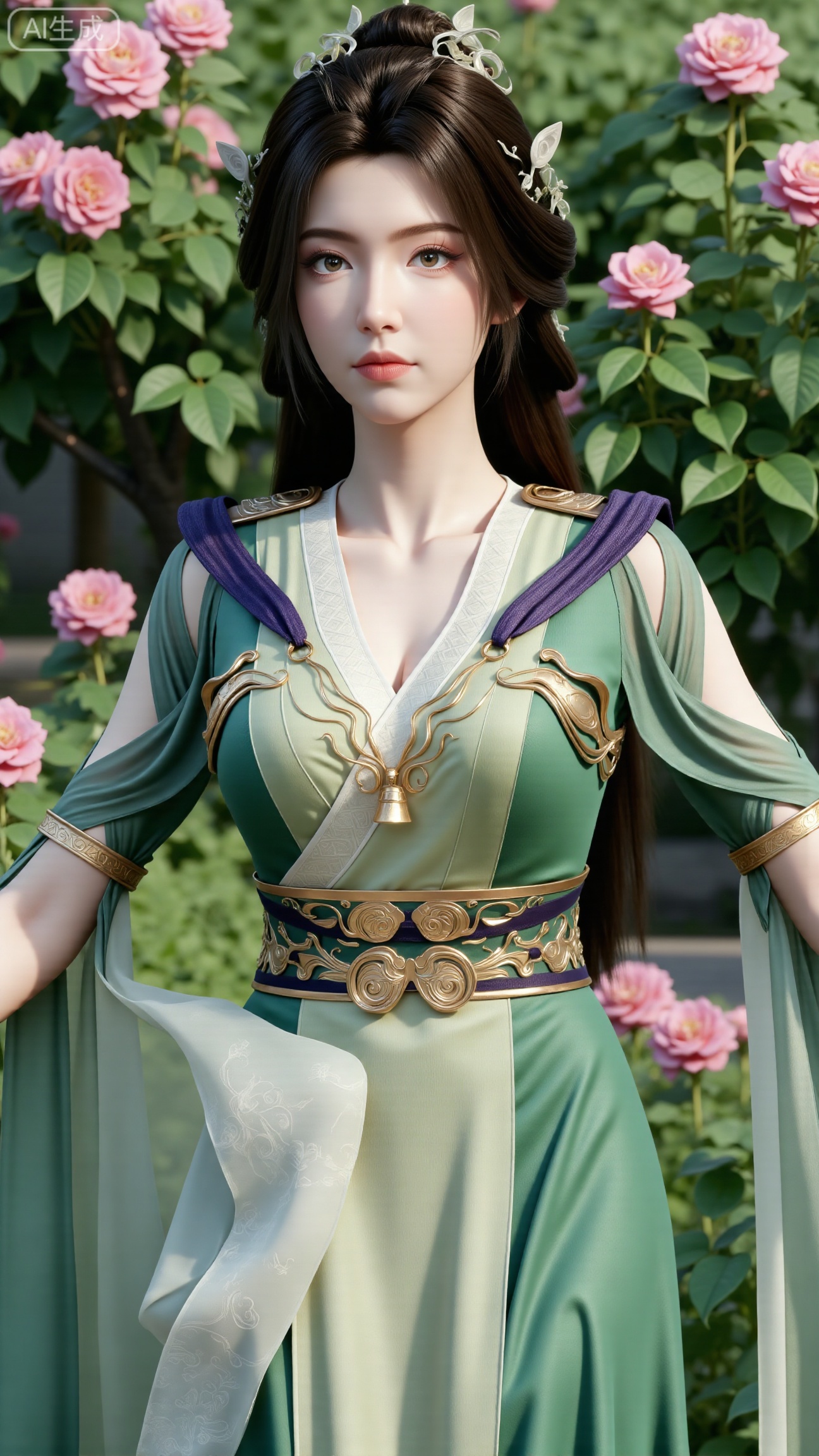 (masterpiece:1.2),best quality,,A woman adorned in traditional Chinese attire,( dress,black long hair),featuring a flowing robe with intricate embroidery and floral accents. A garden filled with pink roses and lush greenery. Soft pastel hues of white,blue,and green,creating a serene atmosphere. Photorealistic photography.,(huge breasts:2.99),(full breasts:2.99),,Xbigbreasts,XbaifengsongyuYH,XzhenniteH,,XhanyunzhiX,Xzhaoxinmeng,XhanyunzhiXM,XhanyunzhiXY,XliuyuY,XliuyuYH,XhnayunzhiXYH