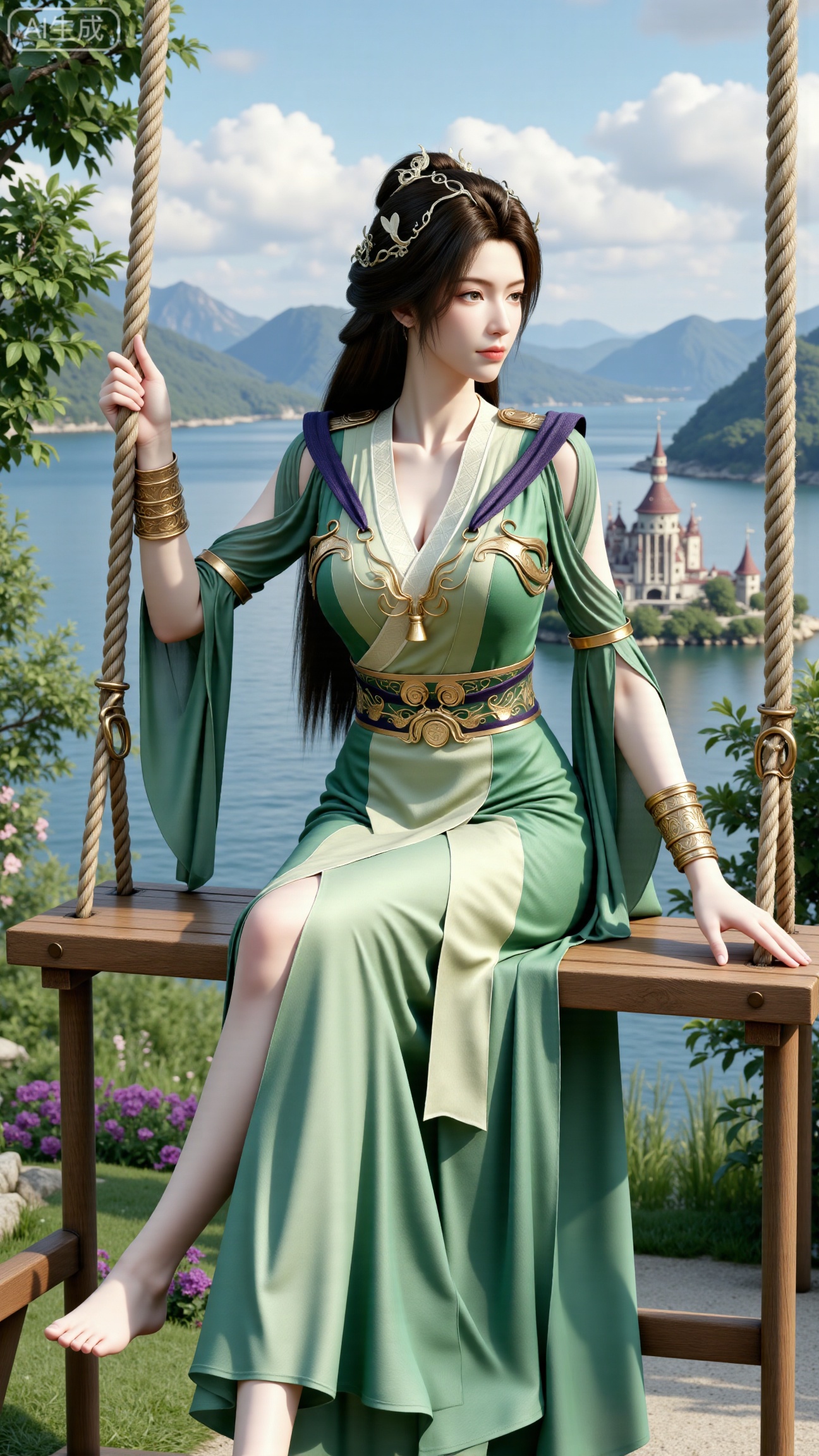 (masterpiece, top quality, best quality, official art, beautiful and aesthetic:1.2),Dynamic posture,(Sitting on the swing:1.39),natural skin texture,(Milky skin:1.2),1gir,solo,Dress, (Long legs, perfect proportions:1.2),(Sakura, butterfly:1.29),(huge breasts:2.99),(full breasts:2.99),castle, waterfall, mountains in the distance,,Xbigbreasts,XbaifengsongyuYH,XzhenniteH,,XhanyunzhiX,Xzhaoxinmeng,XhanyunzhiXM,XhanyunzhiXY,XliuyuY,XliuyuYH,XhnayunzhiXYH