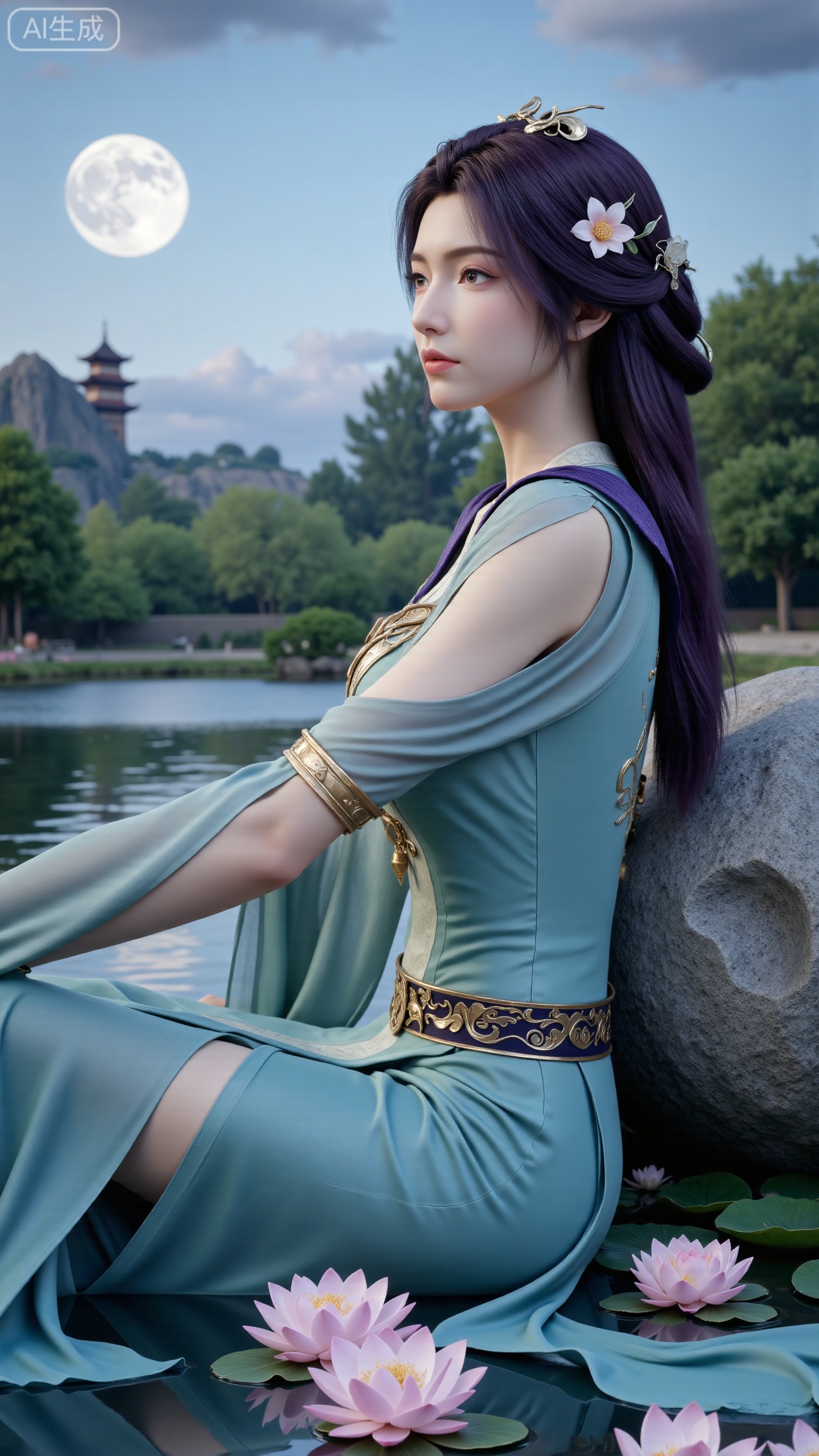 Best quality, Realistic, a woman with long, wavy purple hair is seated on a large gray rock. She is dressed in a light blue dress with a purple belt around her waist. Her dress is adorned with a flower in her hair, adding a touch of beauty to the scene. In the background, a pagoda-like structure stands out against a backdrop of trees and a moon.,(big breasts:2.89),(Lotus, lotus pond:1.69),,Xbigbreasts,XbaifengsongyuYH,XzhenniteH,,XhanyunzhiX,Xzhaoxinmeng,XhanyunzhiXM,XhanyunzhiXY,XliuyuY,XliuyuYH,XhnayunzhiXYH