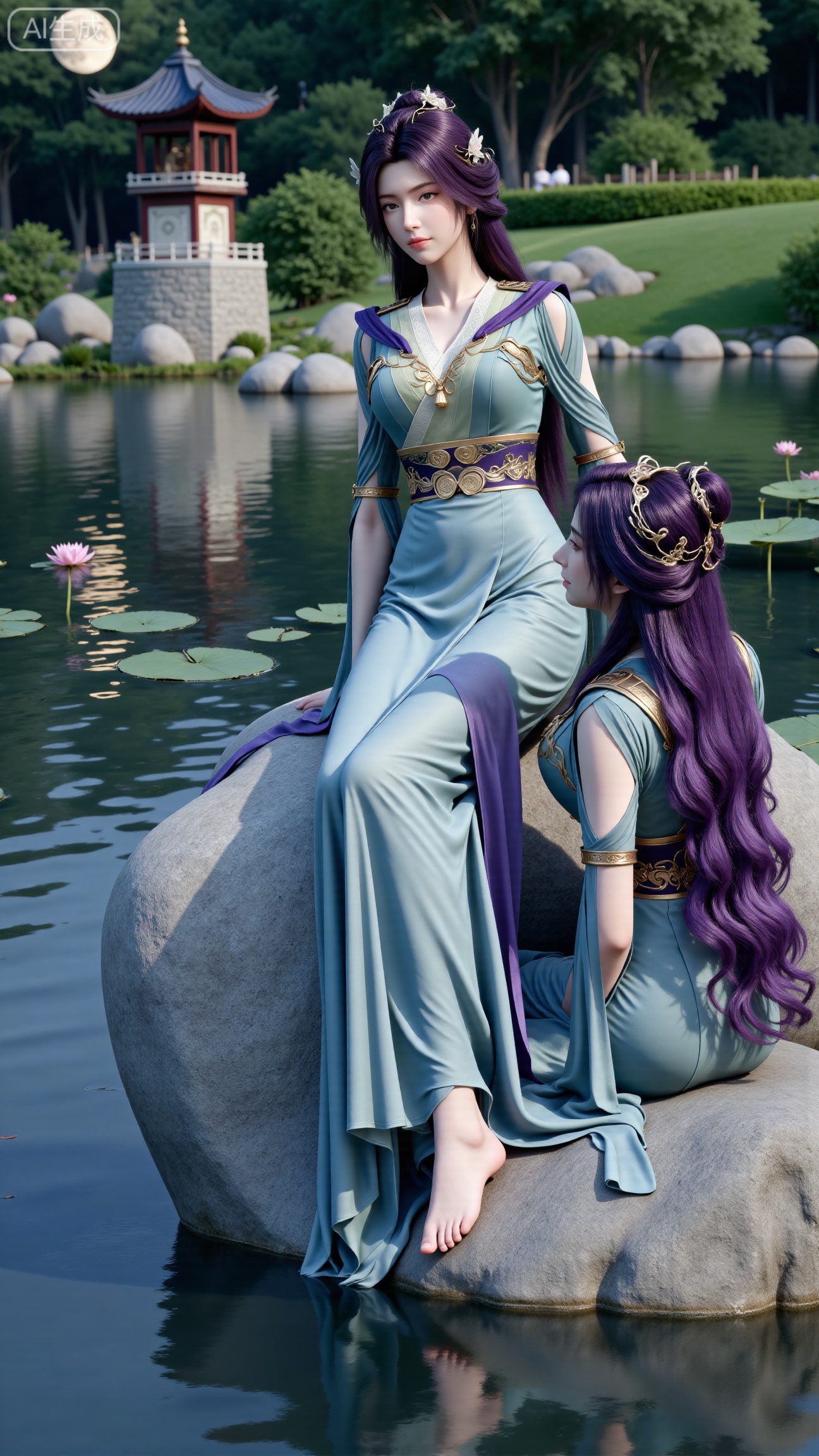 Best quality, Realistic, a woman with long, wavy purple hair is seated on a large gray rock. She is dressed in a light blue dress with a purple belt around her waist. Her dress is adorned with a flower in her hair, adding a touch of beauty to the scene. In the background, a pagoda-like structure stands out against a backdrop of trees and a moon.,(big breasts:2.89),(Lotus, lotus pond:1.69),,Xbigbreasts,XbaifengsongyuYH,XzhenniteH,,XhanyunzhiX,Xzhaoxinmeng,XhanyunzhiXM,XhanyunzhiXY,XliuyuY,XliuyuYH,XhnayunzhiXYH