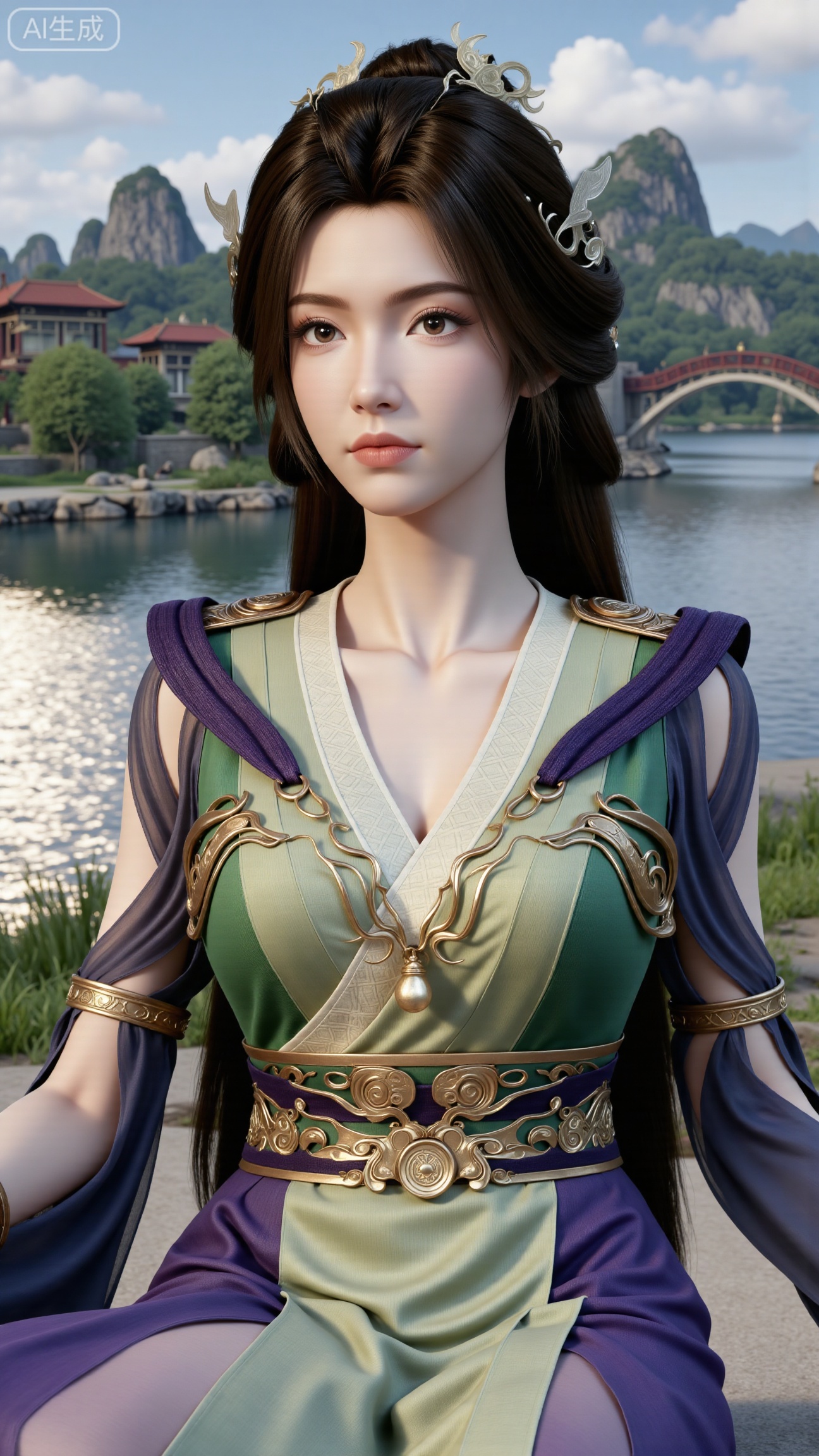  (masterpiece, best quality:1.2),1 girl, solo, long hair, black hair, hair accessories, clothing, cleavage cuts, long dress, jewelry, upper body, earrings. Background is outdoor, sky, clouds, water, trees, architecture, landscape, lantern, mountain, dragon, architecture, bridge, east Asian architecture, fog, pagoda,,(huge breasts:2.99),(full breasts:2.99),Xbigbreasts,XbaifengsongyuYH,XzhenniteH,,XhanyunzhiX,Xzhaoxinmeng,XhanyunzhiXM,XhanyunzhiXY,XliuyuY,XliuyuYH,XhnayunzhiXYH