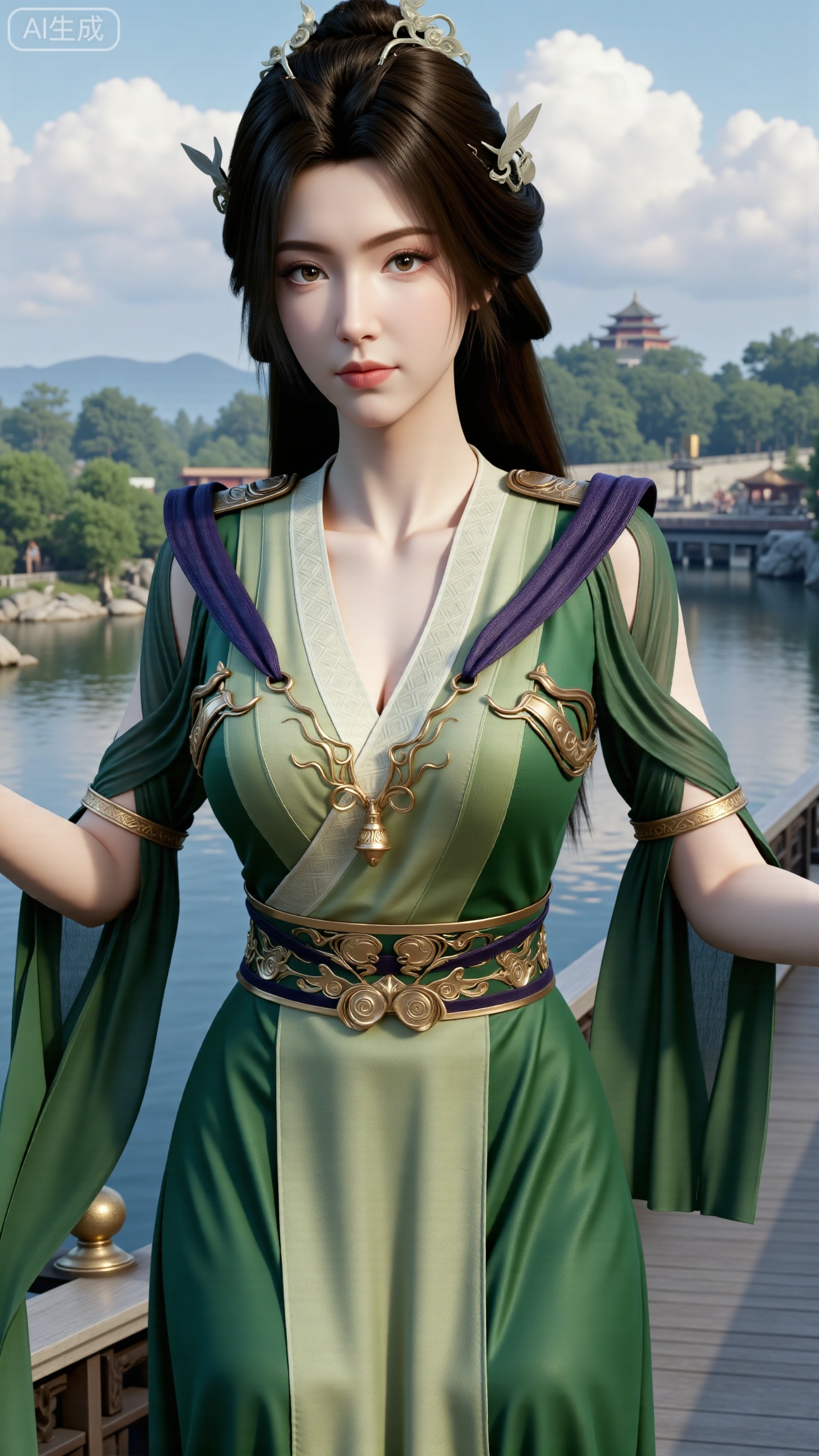  (masterpiece, best quality:1.2),1 girl, solo, long hair, black hair, hair accessories, clothing, cleavage cuts, long dress, jewelry, upper body, earrings. Background is outdoor, sky, clouds, water, trees, architecture, landscape, lantern, mountain, dragon, architecture, bridge, east Asian architecture, fog, pagoda,,(huge breasts:2.99),(full breasts:2.99),Xbigbreasts,XbaifengsongyuYH,XzhenniteH,,XhanyunzhiX,Xzhaoxinmeng,XhanyunzhiXM,XhanyunzhiXY,XliuyuY,XliuyuYH,XhnayunzhiXYH