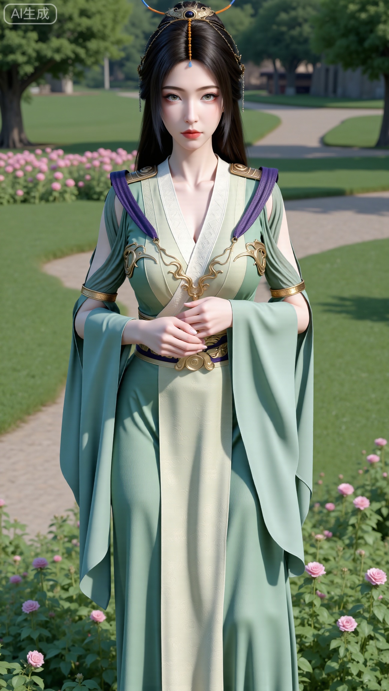 (masterpiece:1.2),best quality,,A woman adorned in traditional Chinese attire,( dress,black long hair),featuring a flowing robe with intricate embroidery and floral accents. A garden filled with pink roses and lush greenery. Soft pastel hues of white,blue,and green,creating a serene atmosphere. Photorealistic photography.,(huge breasts:2.99),(full breasts:2.99),,Xbigbreasts,XbaifengsongyuYH,XzhenniteH,,XhanyunzhiX,Xzhaoxinmeng,XhanyunzhiXM,XhanyunzhiXY,XliuyuY,XliuyuYH,XhnayunzhiXYH