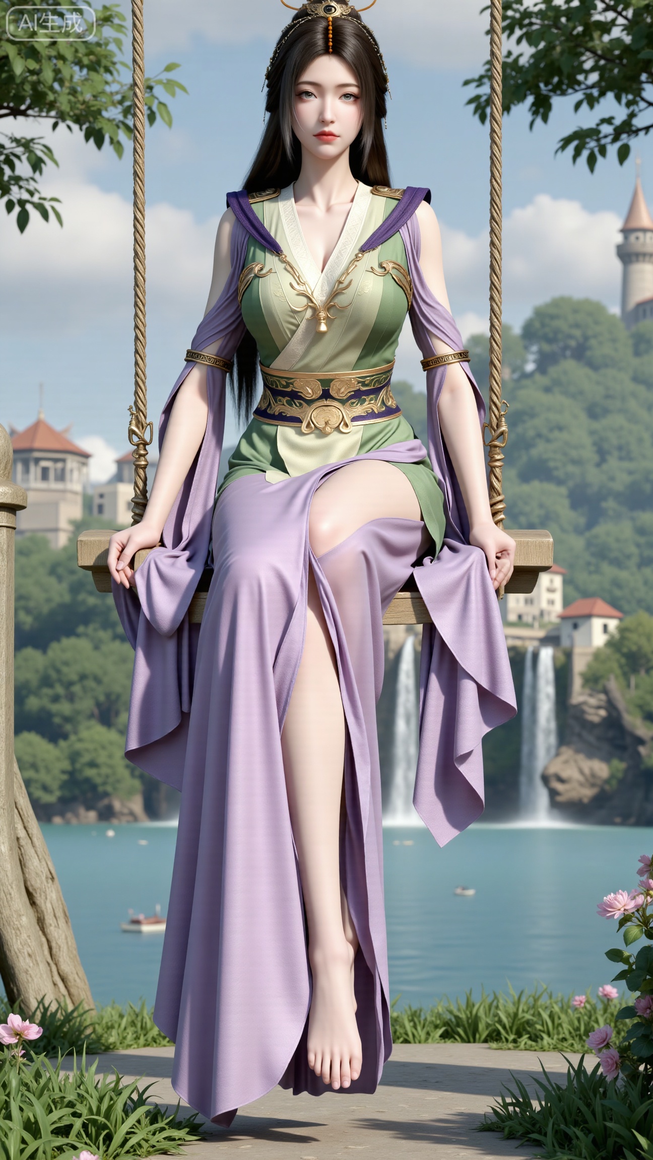 (masterpiece, top quality, best quality, official art, beautiful and aesthetic:1.2),Dynamic posture,(Sitting on the swing:1.39),natural skin texture,(Milky skin:1.2),1gir,solo,Dress, (Long legs, perfect proportions:1.2),(Sakura, butterfly:1.29),(huge breasts:2.99),(full breasts:2.99),castle, waterfall, mountains in the distance,,Xbigbreasts,XbaifengsongyuYH,XzhenniteH,,XhanyunzhiX,Xzhaoxinmeng,XhanyunzhiXM,XhanyunzhiXY,XliuyuY,XliuyuYH,XhnayunzhiXYH