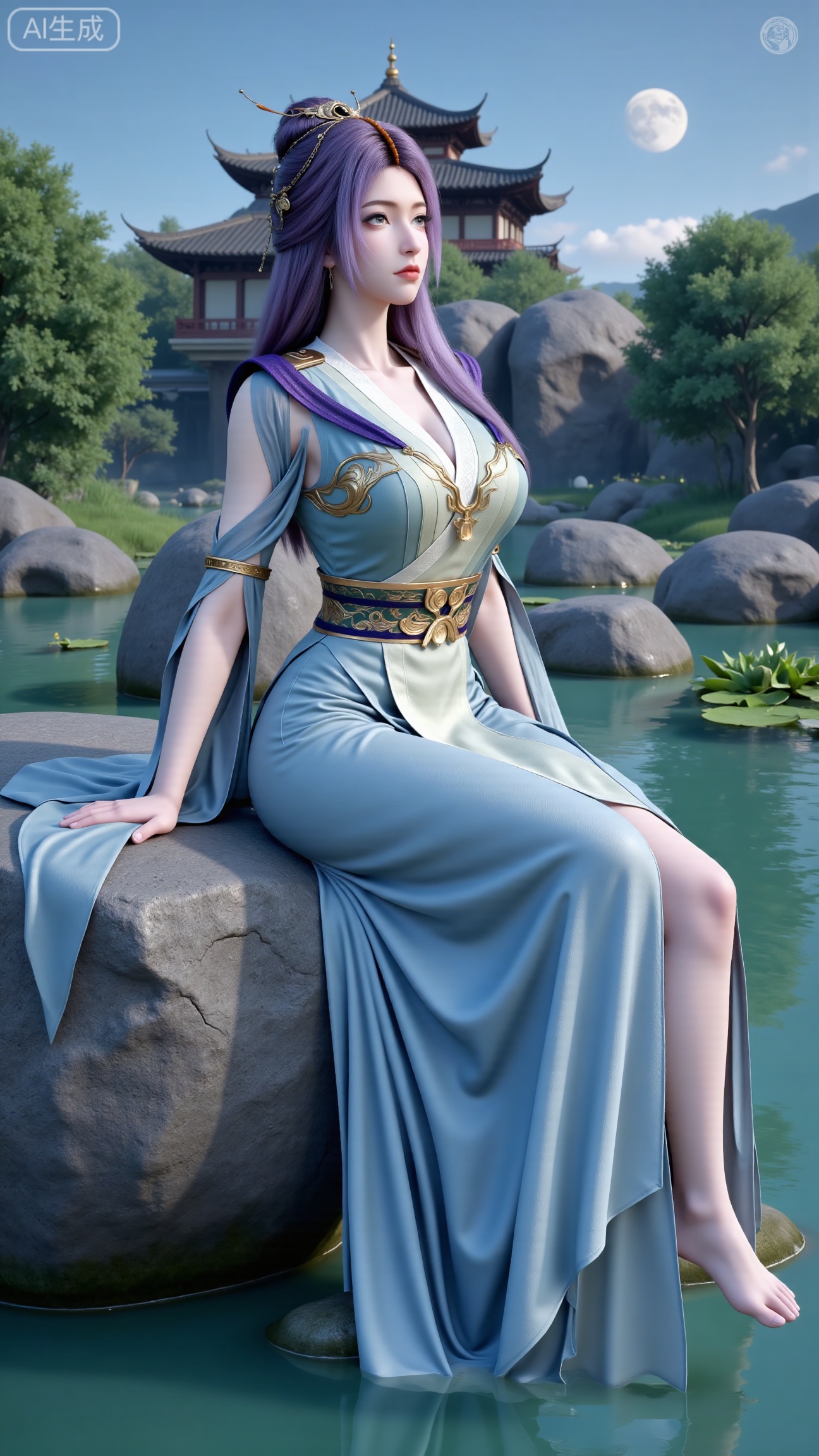 Best quality, Realistic, a woman with long, wavy purple hair is seated on a large gray rock. She is dressed in a light blue dress with a purple belt around her waist. Her dress is adorned with a flower in her hair, adding a touch of beauty to the scene. In the background, a pagoda-like structure stands out against a backdrop of trees and a moon.,(big breasts:2.89),(Lotus, lotus pond:1.69),,Xbigbreasts,XbaifengsongyuYH,XzhenniteH,,XhanyunzhiX,Xzhaoxinmeng,XhanyunzhiXM,XhanyunzhiXY,XliuyuY,XliuyuYH,XhnayunzhiXYH