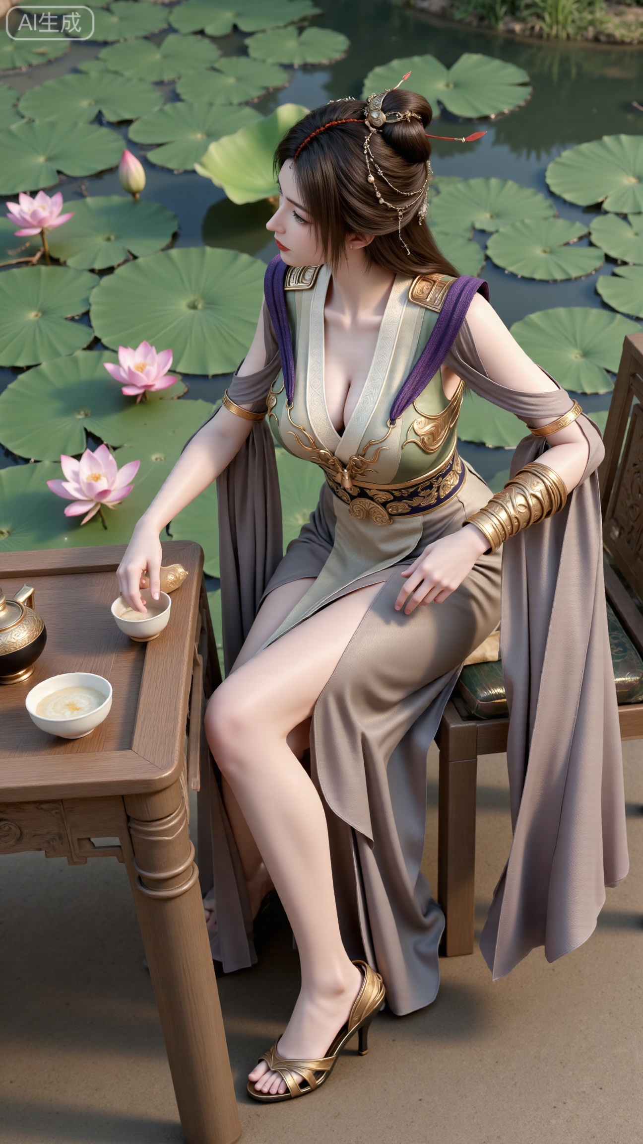  (masterpiece, best quality:1.2),1girl, solo, ornament, , breasts, no eye shadow, even lighting, Sitting, pavilion, Table, chair, drinking tea, Grasp Extremely gaiwan, side_view, very awa, room background,,(Stockings, high heels:1.29),(huge breasts:2.99),(full breasts:2.99),,(Background with lotus pond and pink lotus flowers:1.39),Xbigbreasts,XbaifengsongyuYH,XzhenniteH,,XhanyunzhiX,Xzhaoxinmeng,XhanyunzhiXM,XhanyunzhiXY,XliuyuY,XliuyuYH,XhnayunzhiXYH