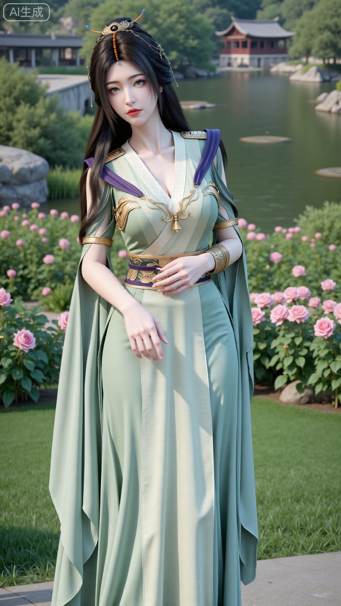 (masterpiece:1.2),best quality,,A woman adorned in traditional Chinese attire,( dress,black long hair),featuring a flowing robe with intricate embroidery and floral accents. A garden filled with pink roses and lush greenery. Soft pastel hues of white,blue,and green,creating a serene atmosphere. Photorealistic photography.,(huge breasts:2.99),(full breasts:2.99),,Xbigbreasts,XbaifengsongyuYH,XzhenniteH,,XhanyunzhiX,Xzhaoxinmeng,XhanyunzhiXM,XhanyunzhiXY,XliuyuY,XliuyuYH,XhnayunzhiXYH