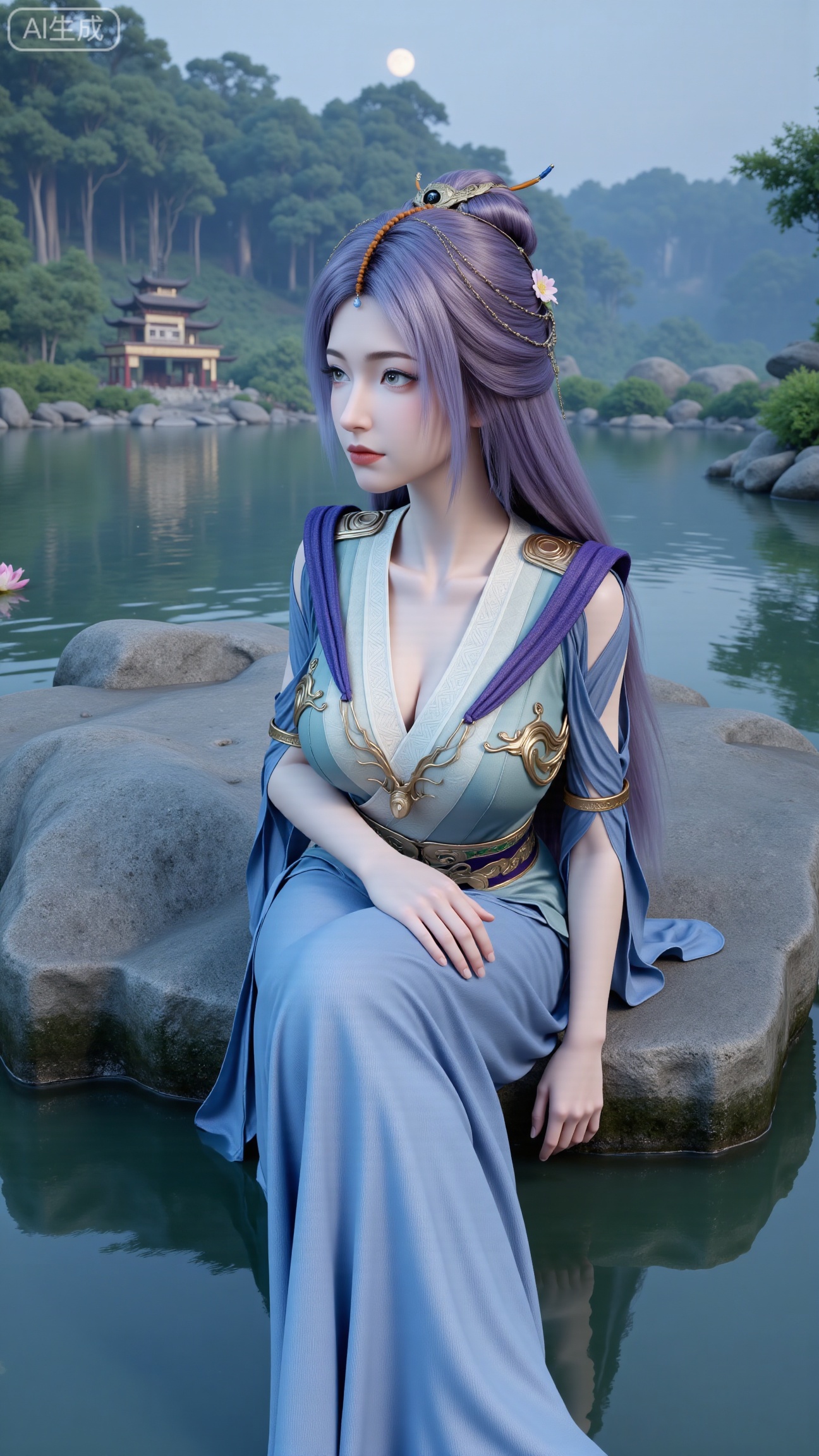 Best quality, Realistic, a woman with long, wavy purple hair is seated on a large gray rock. She is dressed in a light blue dress with a purple belt around her waist. Her dress is adorned with a flower in her hair, adding a touch of beauty to the scene. In the background, a pagoda-like structure stands out against a backdrop of trees and a moon.,(big breasts:2.89),(Lotus, lotus pond:1.69),,Xbigbreasts,XbaifengsongyuYH,XzhenniteH,,XhanyunzhiX,Xzhaoxinmeng,XhanyunzhiXM,XhanyunzhiXY,XliuyuY,XliuyuYH,XhnayunzhiXYH