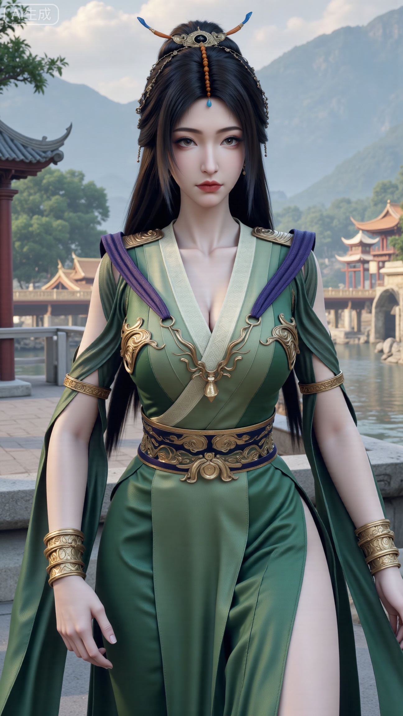  (masterpiece, best quality:1.2),1 girl, solo, long hair, black hair, hair accessories, clothing, cleavage cuts, long dress, jewelry, upper body, earrings. Background is outdoor, sky, clouds, water, trees, architecture, landscape, lantern, mountain, dragon, architecture, bridge, east Asian architecture, fog, pagoda,,(huge breasts:2.99),(full breasts:2.99),Xbigbreasts,XbaifengsongyuYH,XzhenniteH,,XhanyunzhiX,Xzhaoxinmeng,XhanyunzhiXM,XhanyunzhiXY,XliuyuY,XliuyuYH,XhnayunzhiXYH