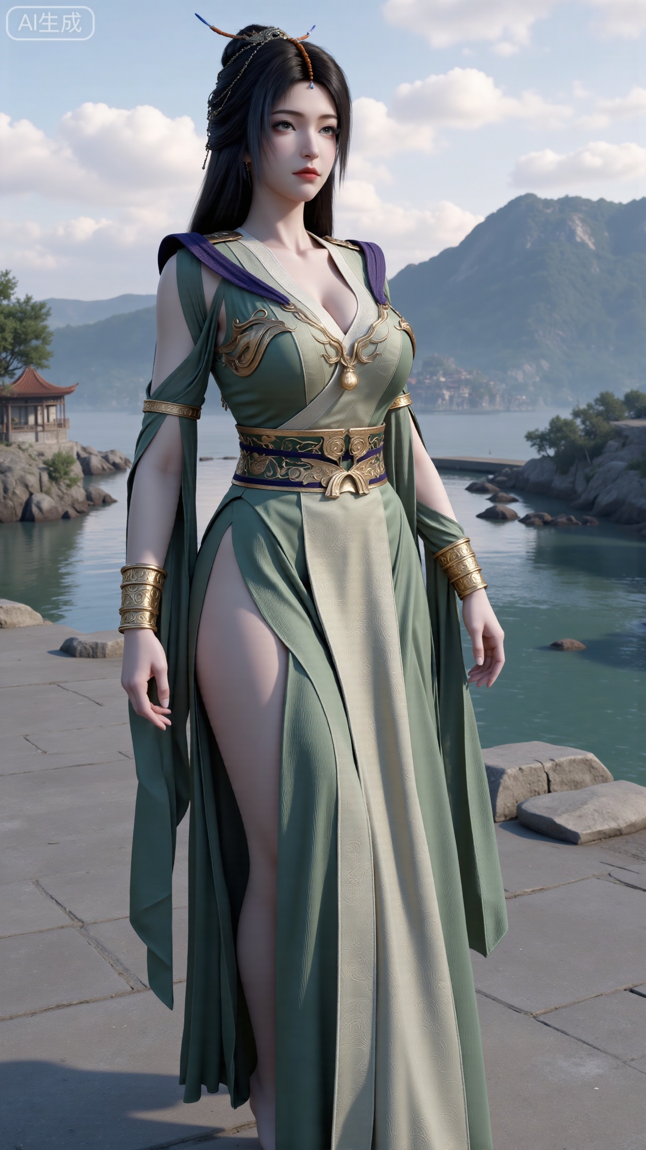  (masterpiece, best quality:1.2),1 girl, solo, long hair, black hair, hair accessories, clothing, cleavage cuts, long dress, jewelry, upper body, earrings. Background is outdoor, sky, clouds, water, trees, architecture, landscape, lantern, mountain, dragon, architecture, bridge, east Asian architecture, fog, pagoda,,(huge breasts:2.99),(full breasts:2.99),Xbigbreasts,XbaifengsongyuYH,XzhenniteH,,XhanyunzhiX,Xzhaoxinmeng,XhanyunzhiXM,XhanyunzhiXY,XliuyuY,XliuyuYH,XhnayunzhiXYH