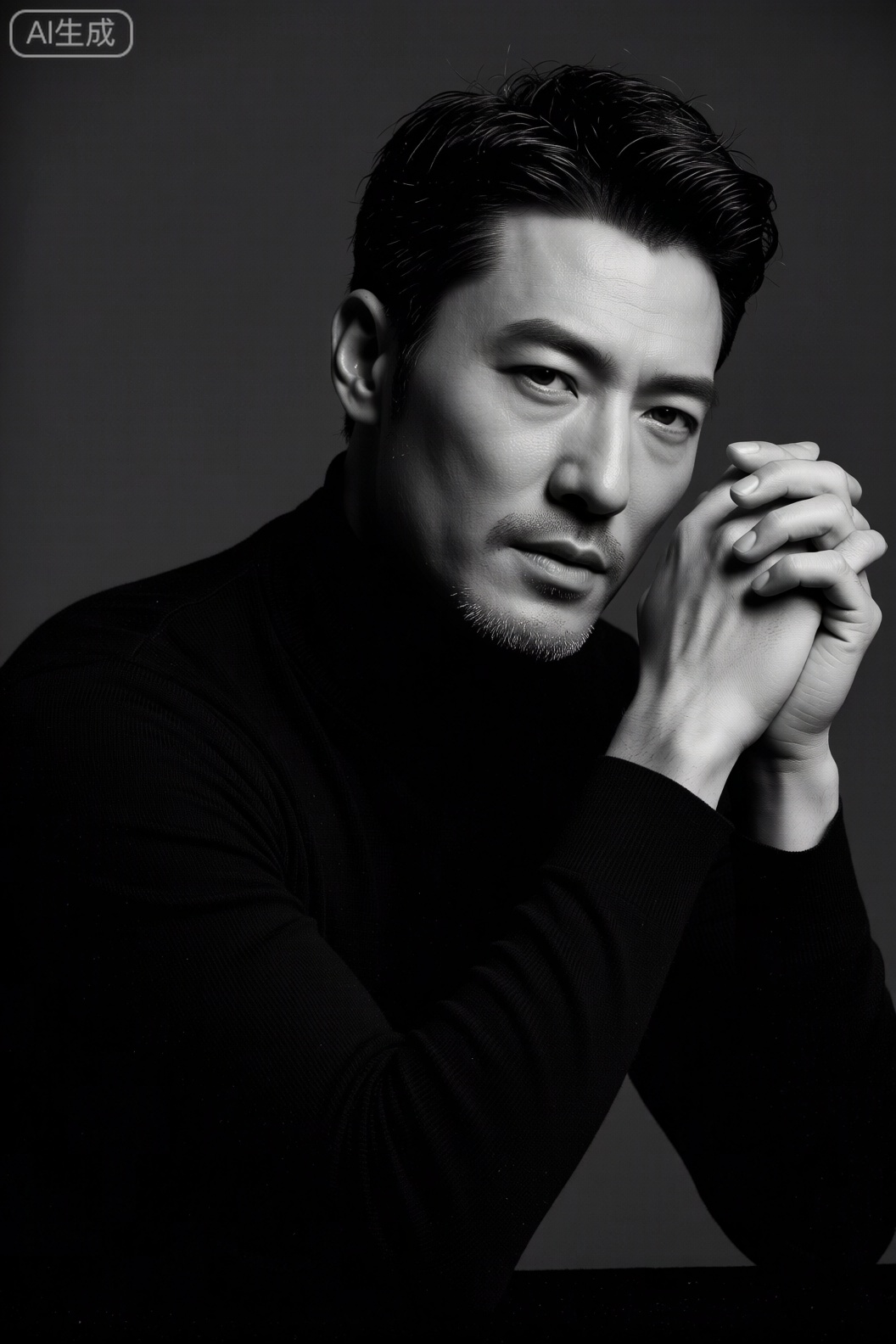 男性写真,Comic bust,a mature and stylish asian man in 30 years old,with a tough outline,short and stylish hairstyle,wearing a black turtleneck tights,and the clothes are thick and material. Silhouette close-up,contemplative posture,background full of brilliance,highlighting the main body of the character. The composition focuses on the face,hand lines and tights texture,black and white monochrome,high contrasting light and shadow,strengthening the light and dark levels,and creating a mysterious atmosphere. The background is pure black and simple,the picture style is simple and high-end,and the light and shadow are strong,and the texture is highlighted by clothes.