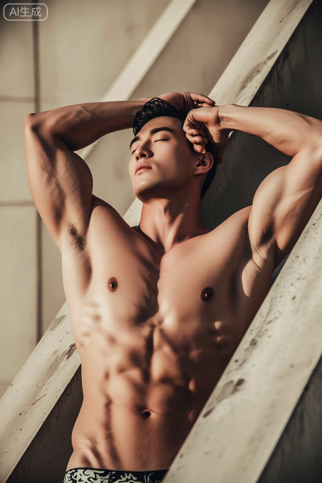 在带有几何感的建筑结构（如浅色石阶或墙面凹槽）中,一位身形健硕的男性呈现出充满力量感的姿态。他赤裸上身,肌肉线条流畅且极具雕塑感,胸肌、腹肌轮廓分明,手臂肌肉饱满。他双臂弯曲,双手交叠或搭在头部附近,头部微微后仰,双眼轻闭,似在享受光线的沐浴,神情放松又带着力量的沉静感。下身穿着带有花纹装饰的内裤,与上身的力量感形成视觉呼应。背景是简洁的浅色调建筑表面,光影在此处形成鲜明的明暗对比,强化了肌肉的立体感。光线为柔和的侧逆光,从上方或侧方洒下,在身体上勾勒出清晰的光影轮廓,让肌肉的起伏与质感尽显。渲染风格偏向艺术写真的写实感,同时突出光影与身体线条的结合,色彩色调以暖棕、浅米为主,构图为近景,聚焦上半身的肌肉、姿态与光影效果,营造出充满力量与艺术感的画面氛围。