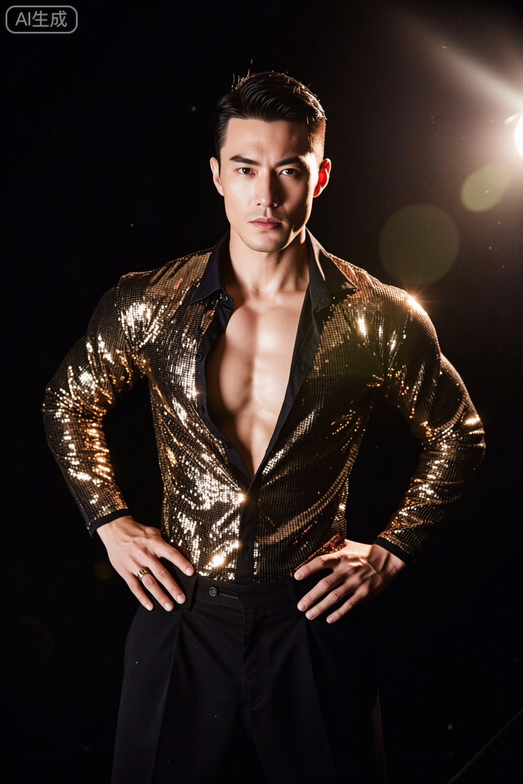 男性,瞩目这位堪称完美的30岁性感型男模特,穿着凸显身材的时尚紧身衣,配合自信且诱惑的姿态,散发着无尽魅力,写真风格打造奢华杂志风,光线使用多光源组合,主光突出主体,辅光补充暗部细节,营造丰富光影层次,渲染着重展现精致感,皮肤光泽与衣物亮片等细节清晰呈现,色彩以金色,银色与黑色为主,营造奢华贵气氛围,构图采用中心汇聚构图,让所有目光聚焦在模特身上,以微微俯拍视角拍摄,展现整体造型与身材优势,凭借专业摄影参数设置,拍出高水准,充满杂志氛围感的写真大片,