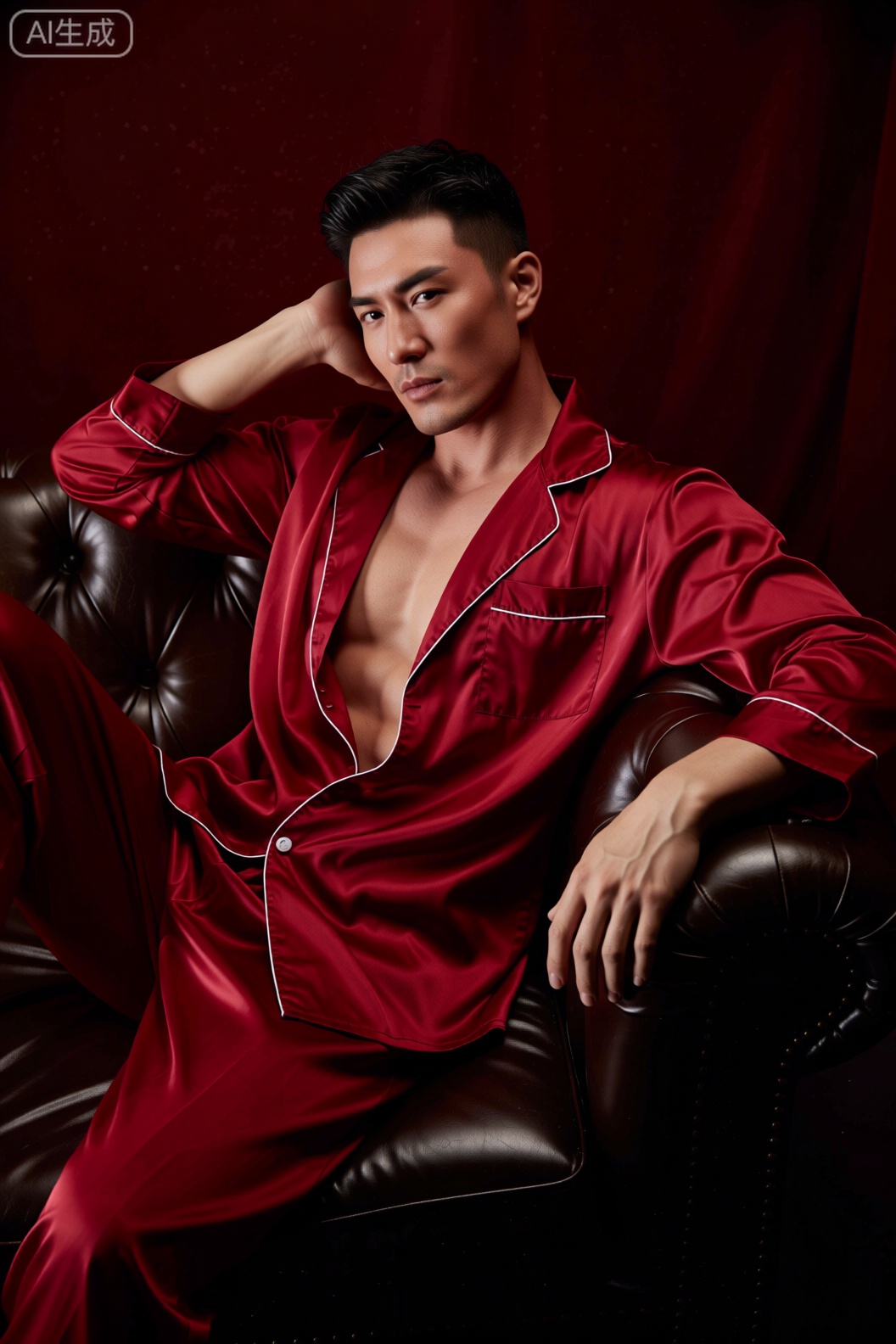 男性,男士身着红色丝绸睡衣,慵懒地斜靠在皮质沙发上,一只手撑着头,另一只手随意搭在扶手上。以复古奢华风格拍摄,顶光洒下,在脸上形成迷人阴影。精细渲染,画面细腻如油画质感。色彩以红黑搭配,彰显华丽与性感。中心构图突出人物主体。俯拍视角,增添独特韵味。感光度ISO100,保证画面纯净。超高质量,画面每一处都无可挑剔。