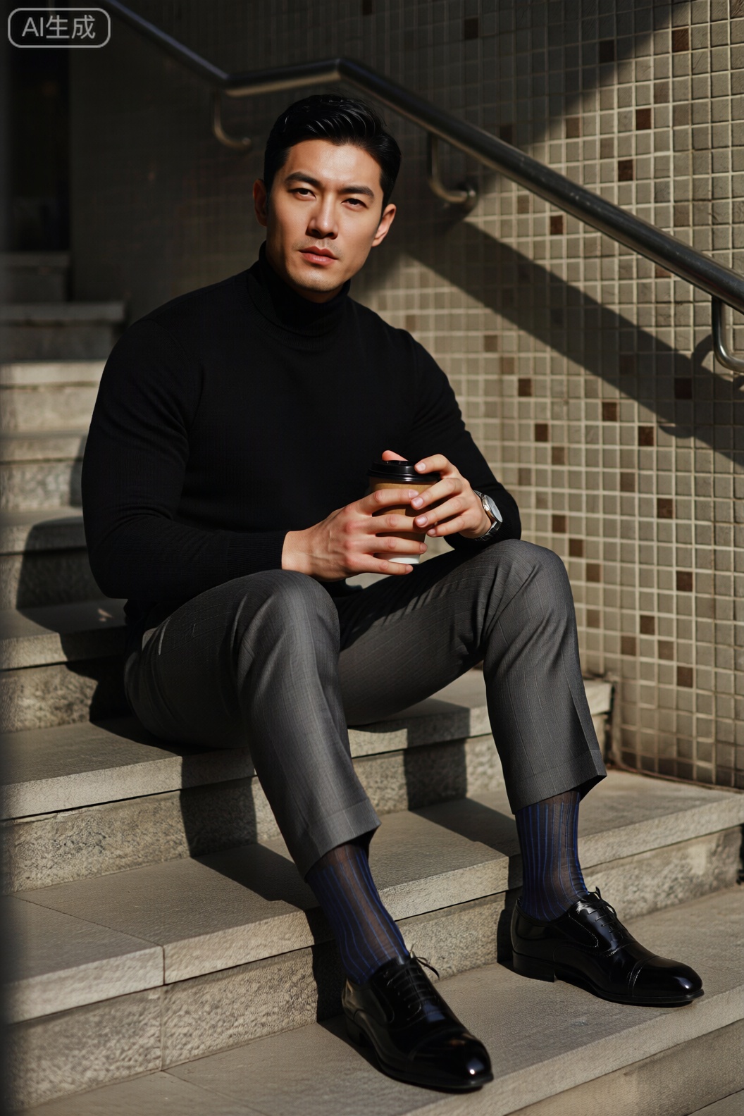 男性写真,男袜,主体是一位男性,他穿着黑色高领毛衣,搭配灰色细条纹西裤,脚上是黑色亮面皮鞋与带有蓝条纹的透肤长袜,手持一杯咖啡,手腕佩戴着腕表,整体造型精致且兼具休闲与正式感,风格为都市时尚的人像摄影,带有轻熟男的优雅质感,场景设定在户外的石阶上,背景是带有小方块瓷砖的墙面与金属扶手,营造出都市街头的日常氛围,光线是明亮的侧逆光,阳光在人物身上形成鲜明的光影切割,照亮毛衣的绒感与皮鞋的光泽,同时在墙面和石阶投下清晰的影子,增强画面的立体感,色彩以黑,灰,棕等沉稳色调为主,蓝条纹袜子为画面增添一抹亮色,整体色调和谐且富有层次,构图是中景坐姿构图,人物居于画面中心,姿态放松又不失造型感,镜头视角为平视,拉近与观者的距离,传递出一种都市生活里从容,优雅的情绪,