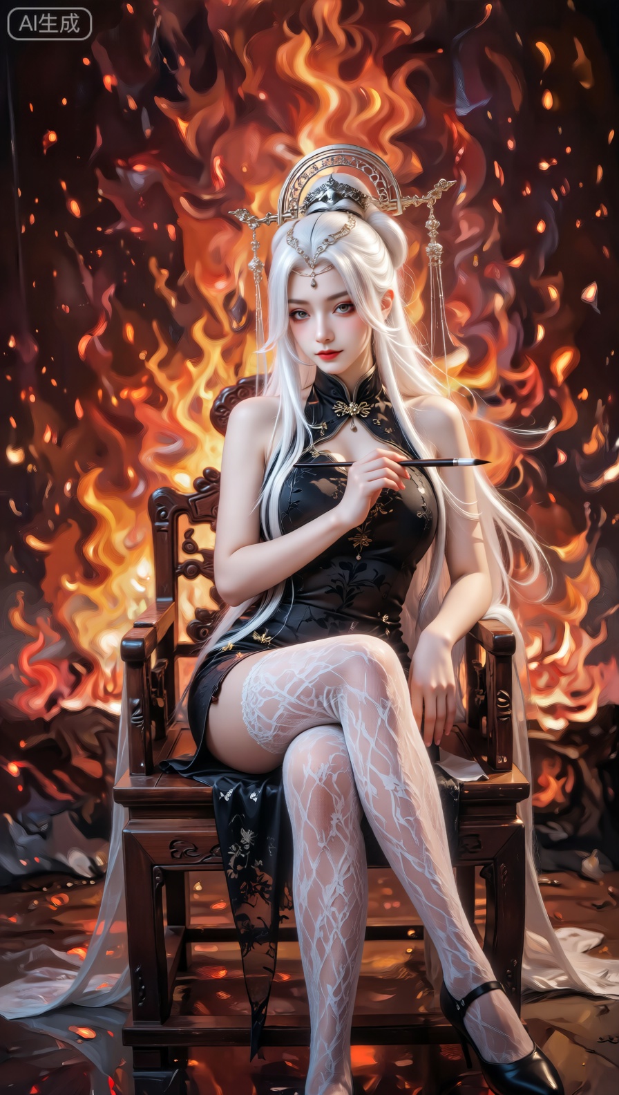画面呈现出油画风格,一位白色长发人物坐在带有雕刻花纹的木质椅子上,额头上的装饰链条,身着黑色带有花纹的旗袍,精致的古风发簪,搭配白色蕾丝长袜,手持画笔。背景是熊熊燃烧的火焰,火焰色彩浓烈,红橙交织,营造出热烈且富有张力的氛围,地面似乎有反光效果,整体画面充满艺术感与视觉冲击力。