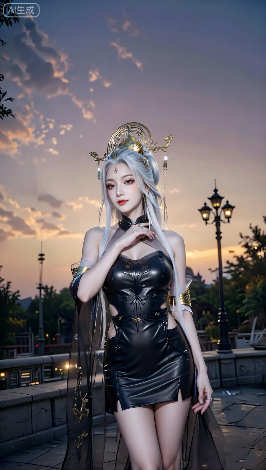 在黄昏的户外场景中,一位白发女性站立着,头上的金色凤簪,额头上的印记,她身着一件黑色的皮质抹胸短裙,裙子带有交叉系带的镂空设计,手腕佩戴着金属质感的宽手镯,手指上戴着戒指。背景是橙紫色渐变的天空,远处有树木、路灯以及隐约可见的建筑,营造出时尚且浪漫的氛围。