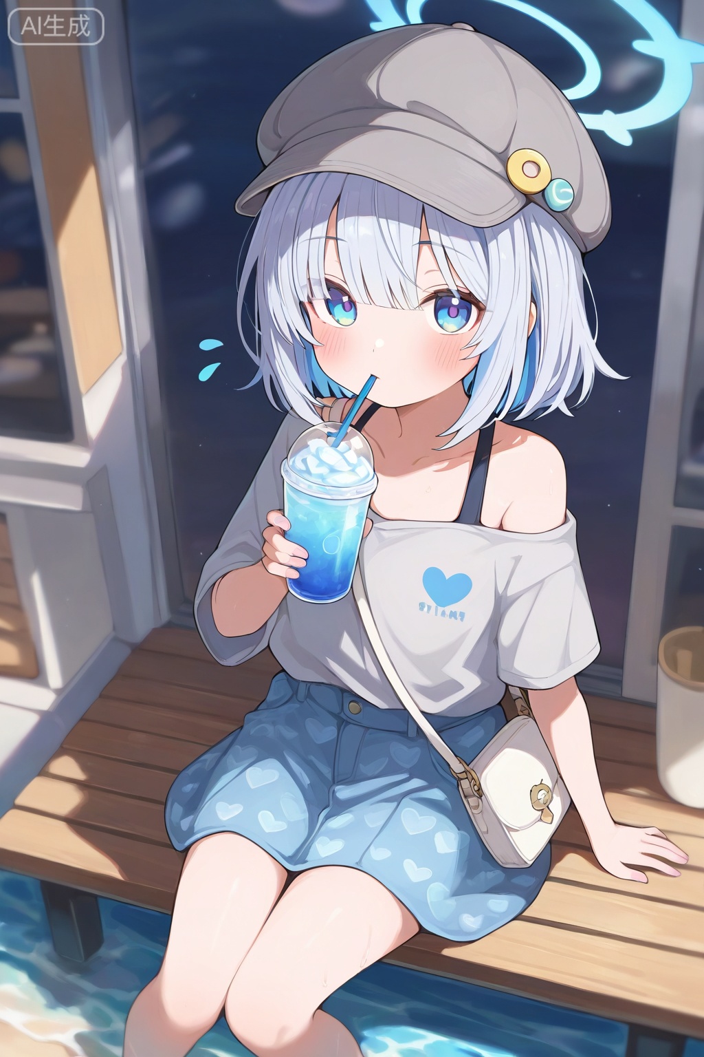 The image depicts a young woman sitting by the sea, dressed in a stylish manner.
‌Her attire includes‌:
A ‌gray cap‌ that adds a casual touch.
A ‌gray T-shirt‌ adorned with ‌blue heart patterns‌, bringing a playful vibe.
A ‌light blue denim skirt‌ featuring ‌ruffle details‌, enhancing her feminine charm.
She complements her outfit with a ‌drink with a straw‌ in hand and a practical ‌gray shoulder bag‌, all against the backdrop of a ‌clear blue ocean‌.