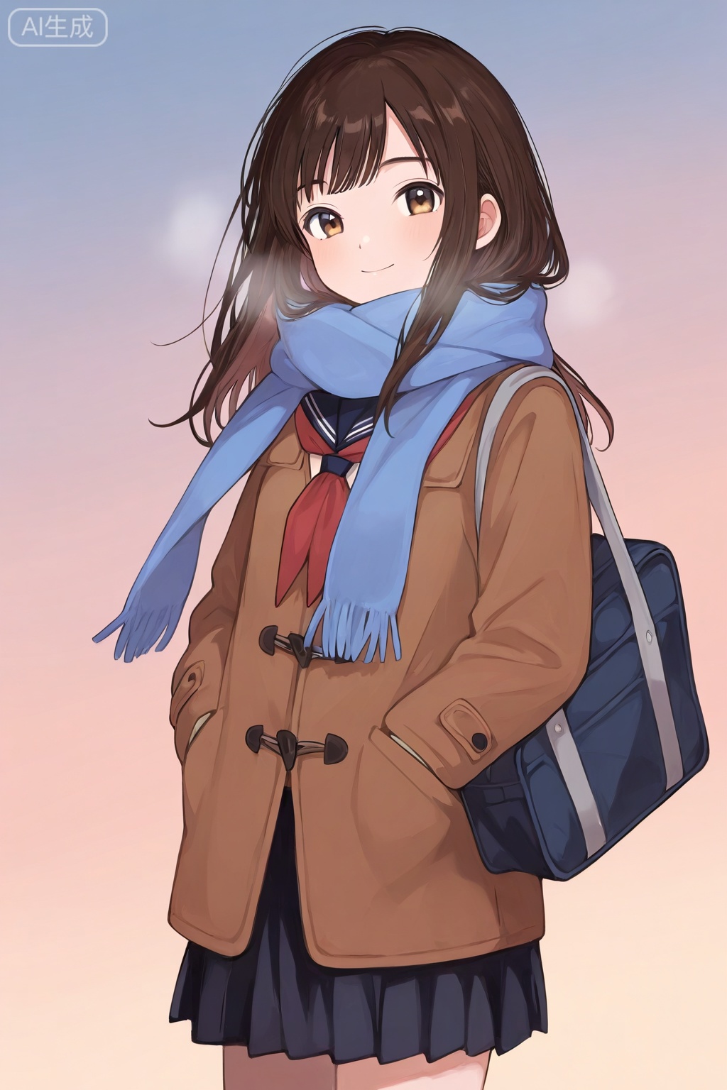 1girl, solo, long hair, looking at viewer, smile, skirt, simple background, brown hair, brown eyes, school uniform, jacket, pleated skirt, serafuku, black skirt, bag, scarf, coat, gradient, gradient background, school bag, hands in pockets